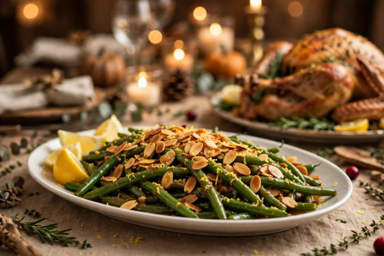 Green beans almondine on a white platter at a Thanksgiving table, glossy beans topped with toasted sliced almonds and lemon wedges