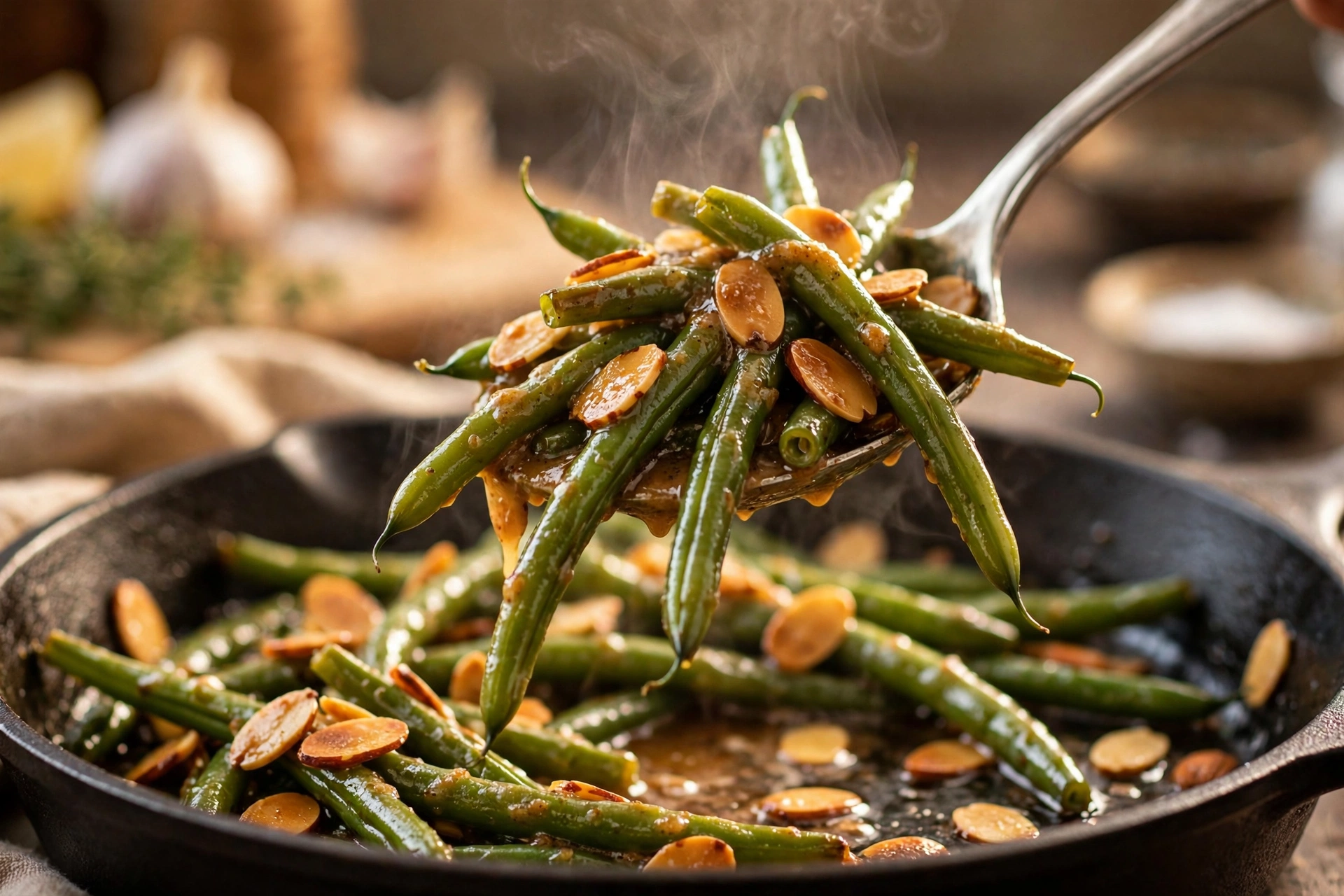 A spoon lifting a glossy bundle of green beans almondine with toasted almonds from a cast iron skillet