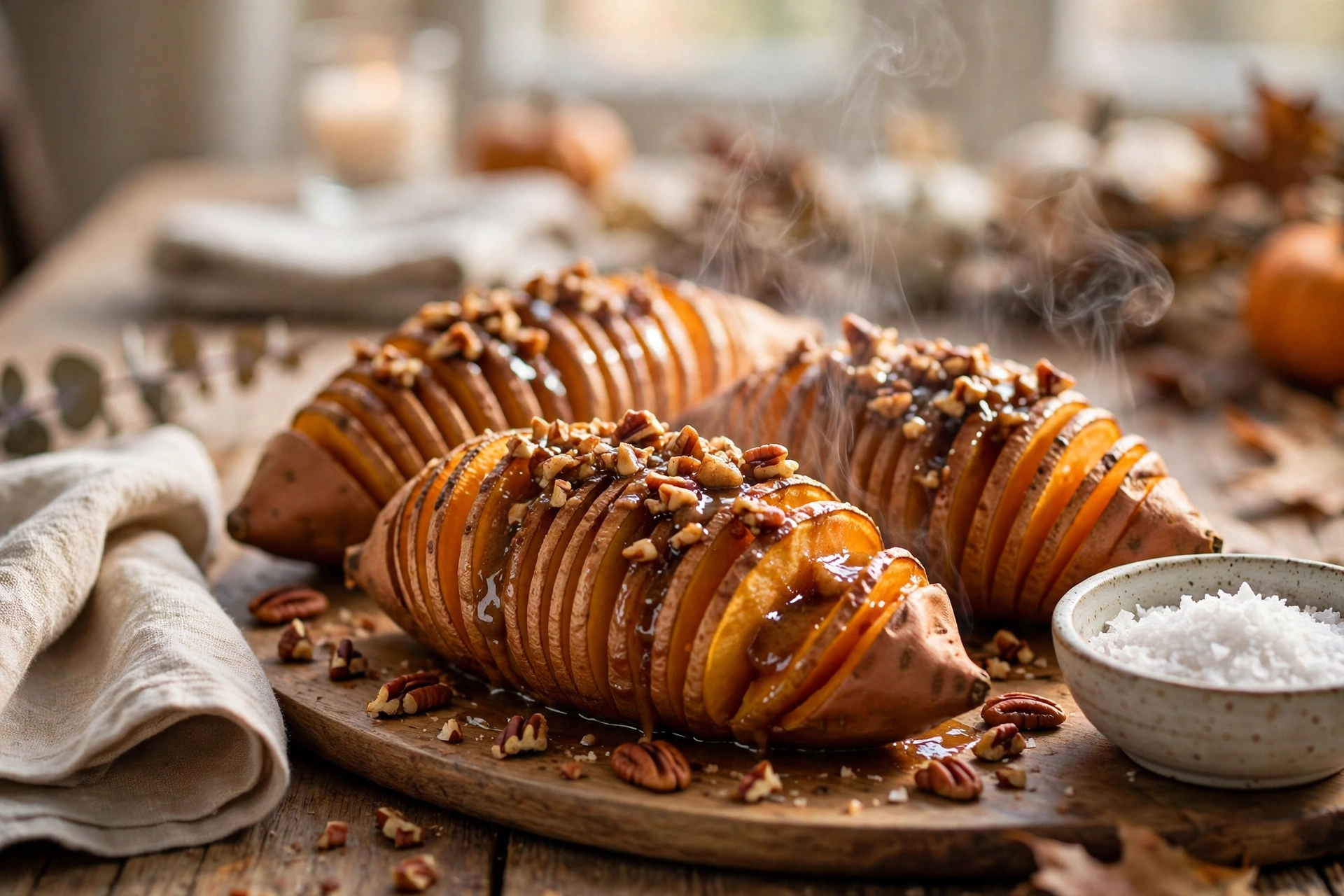 Hasselback sweet potatoes fanned open on a wooden board, maple pecan butter glistening between the slices, chopped pecans on top and a bowl of flaky salt beside