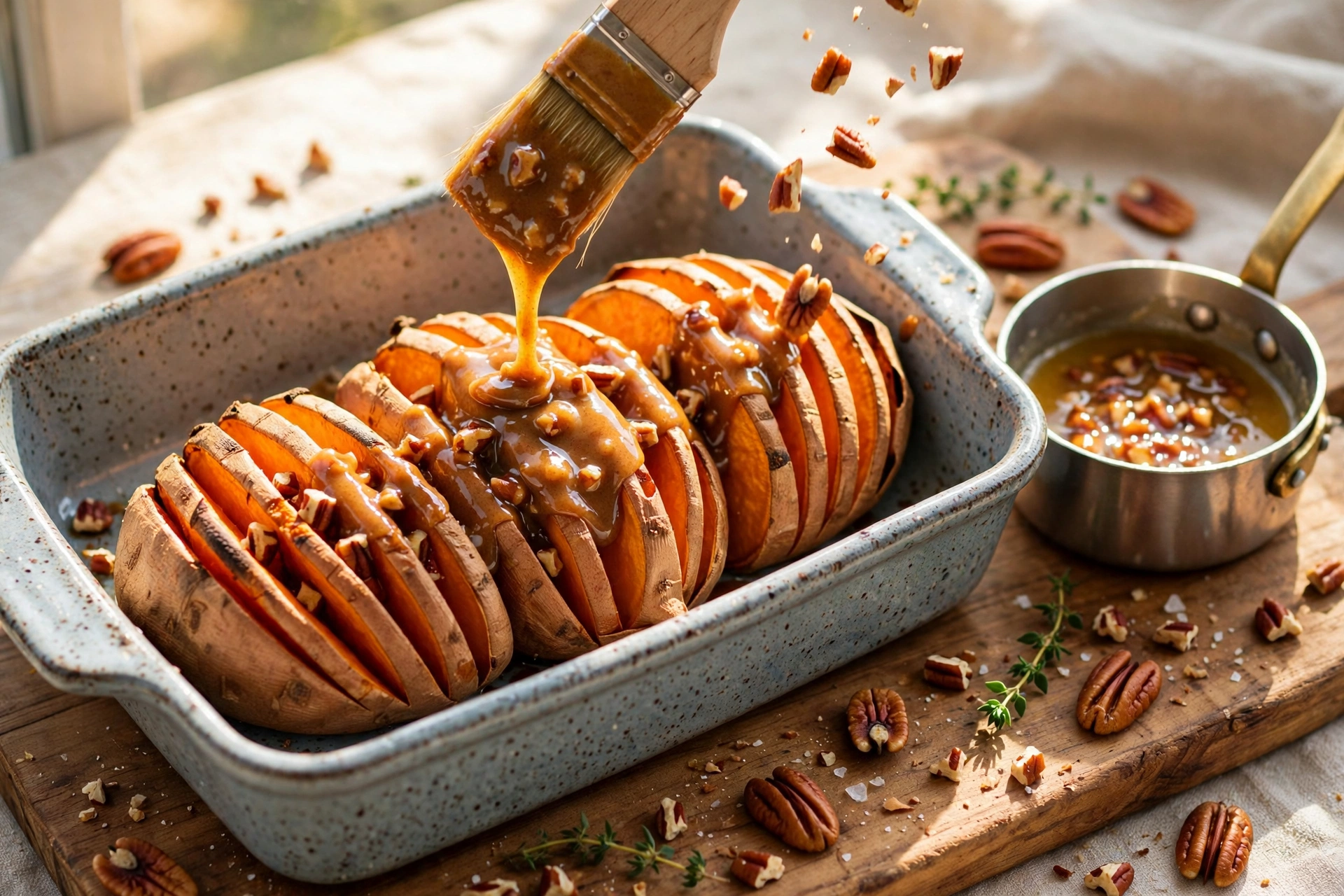 Maple pecan butter being brushed between the slices of baked hasselback sweet potatoes in a ceramic dish, pecans falling into the grooves
