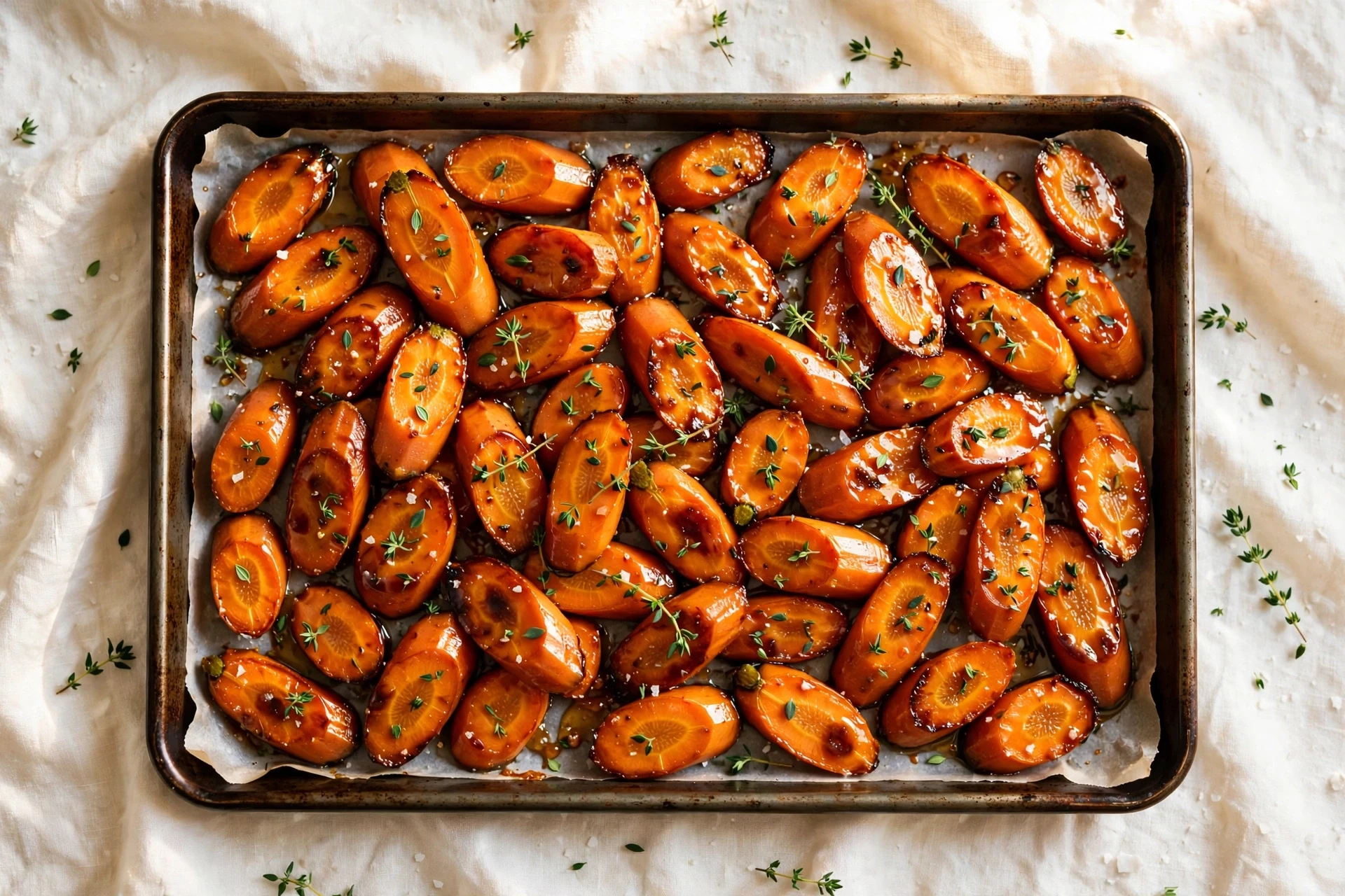 Honey glazed carrots roasted on a sheet pan, diagonal coins with caramelized glossy edges and fresh thyme