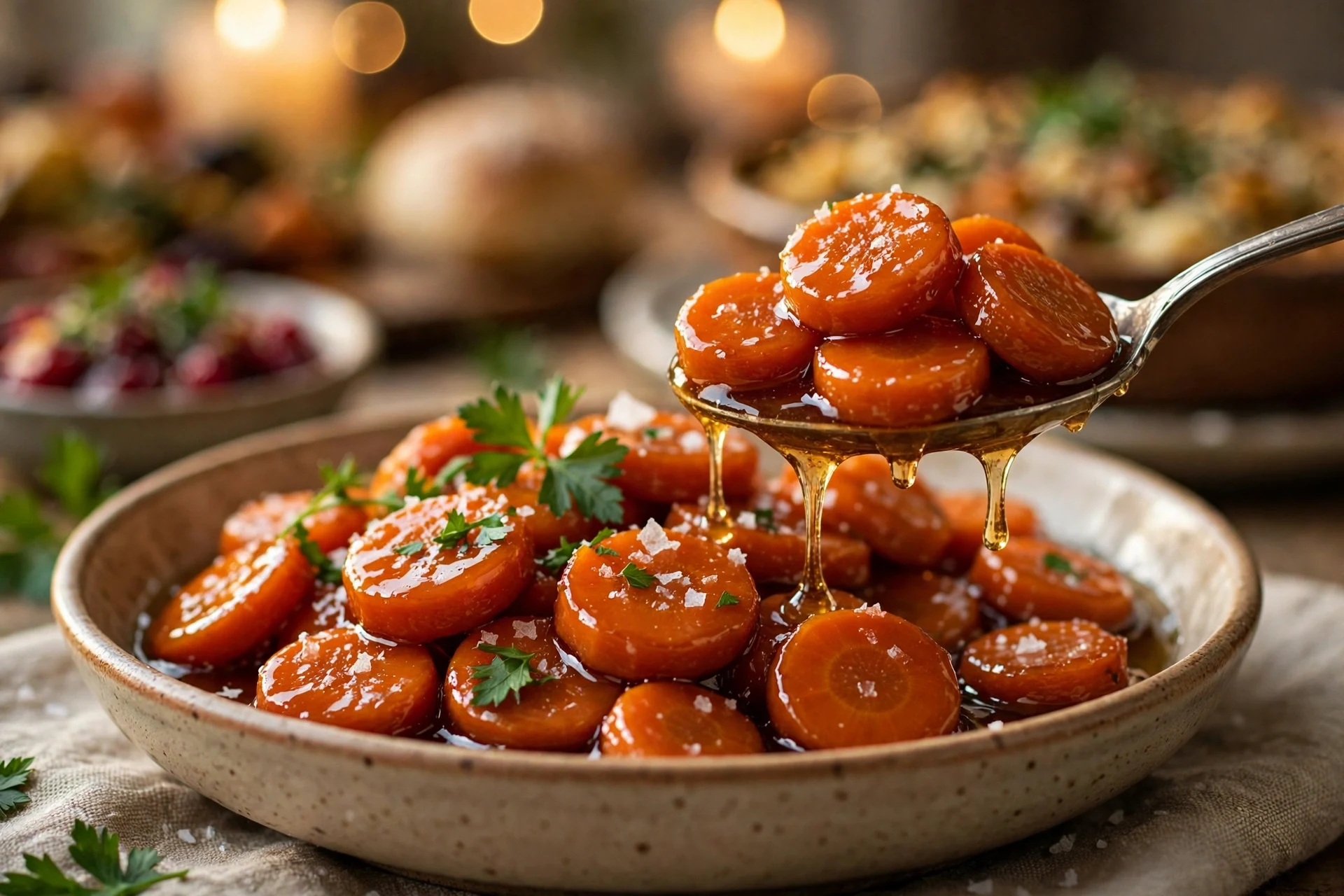 A serving spoon lifting honey glazed carrots from a warm bowl, glaze dripping back over the coins
