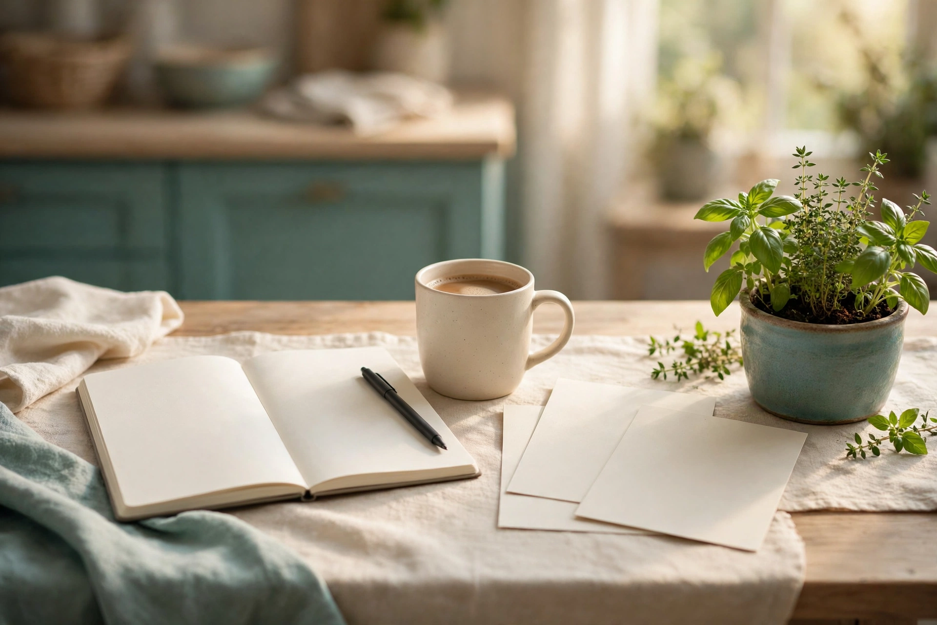 A kitchen table with a notebook, coffee and recipe cards, ready for your message to Kozina Recipes