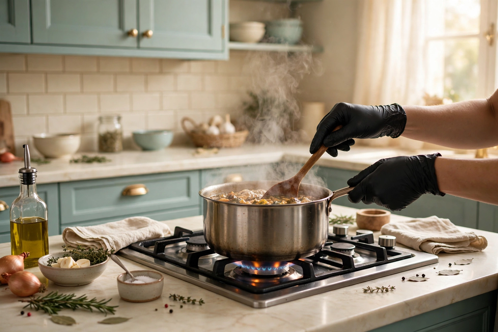 Hands in black gloves stirring a steaming pot on the stove at Kozina Recipes