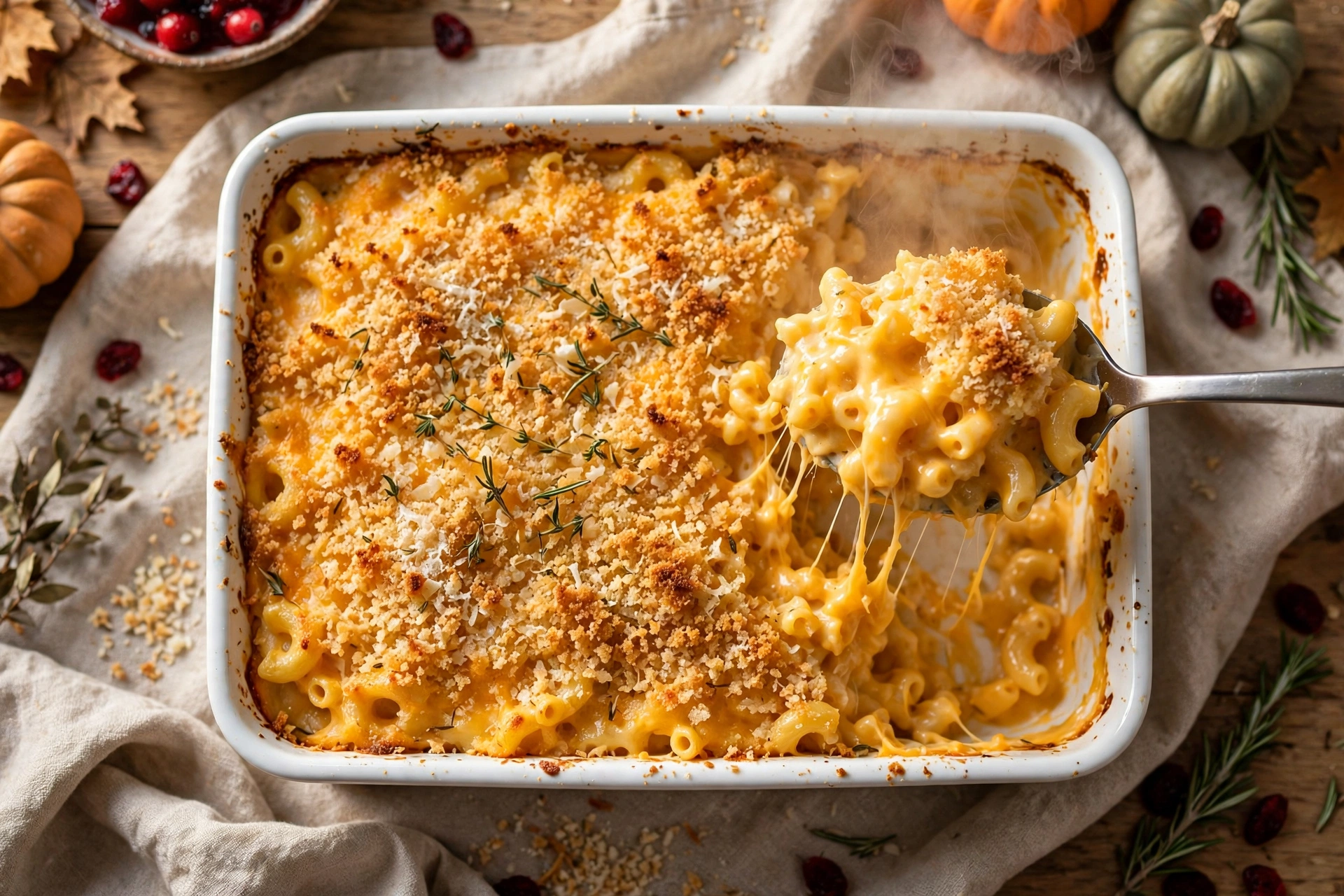 Make-ahead baked mac and cheese in a white baking dish with a crisp golden panko top and a spoon lifting a creamy serving