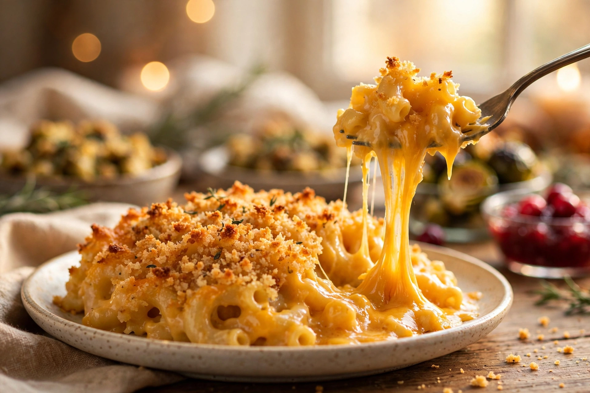 A plated serving of baked mac and cheese with the crisp crumb top and a long cheese pull from the dish