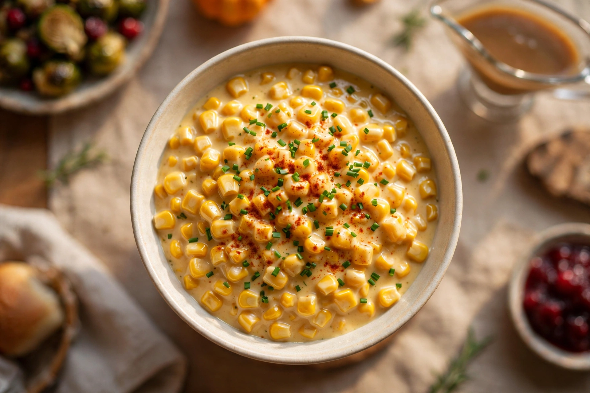 Make-ahead creamed corn in a rustic bowl with a glossy sauce, showered with chives and smoked paprika
