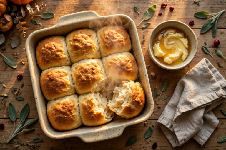 Make ahead dinner rolls baked golden in a ceramic pan, one torn open steaming, with honey butter for Thanksgiving