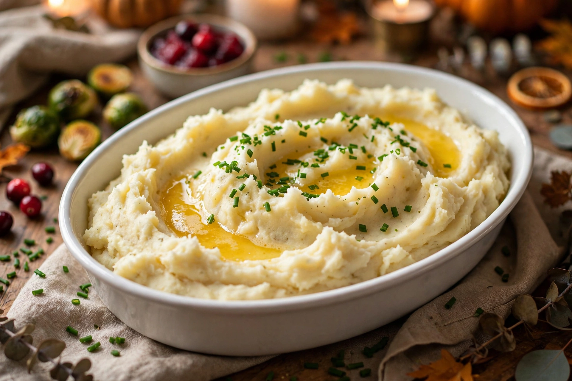 Creamy make-ahead mashed potatoes in a white baking dish with golden butter pools and fresh chives