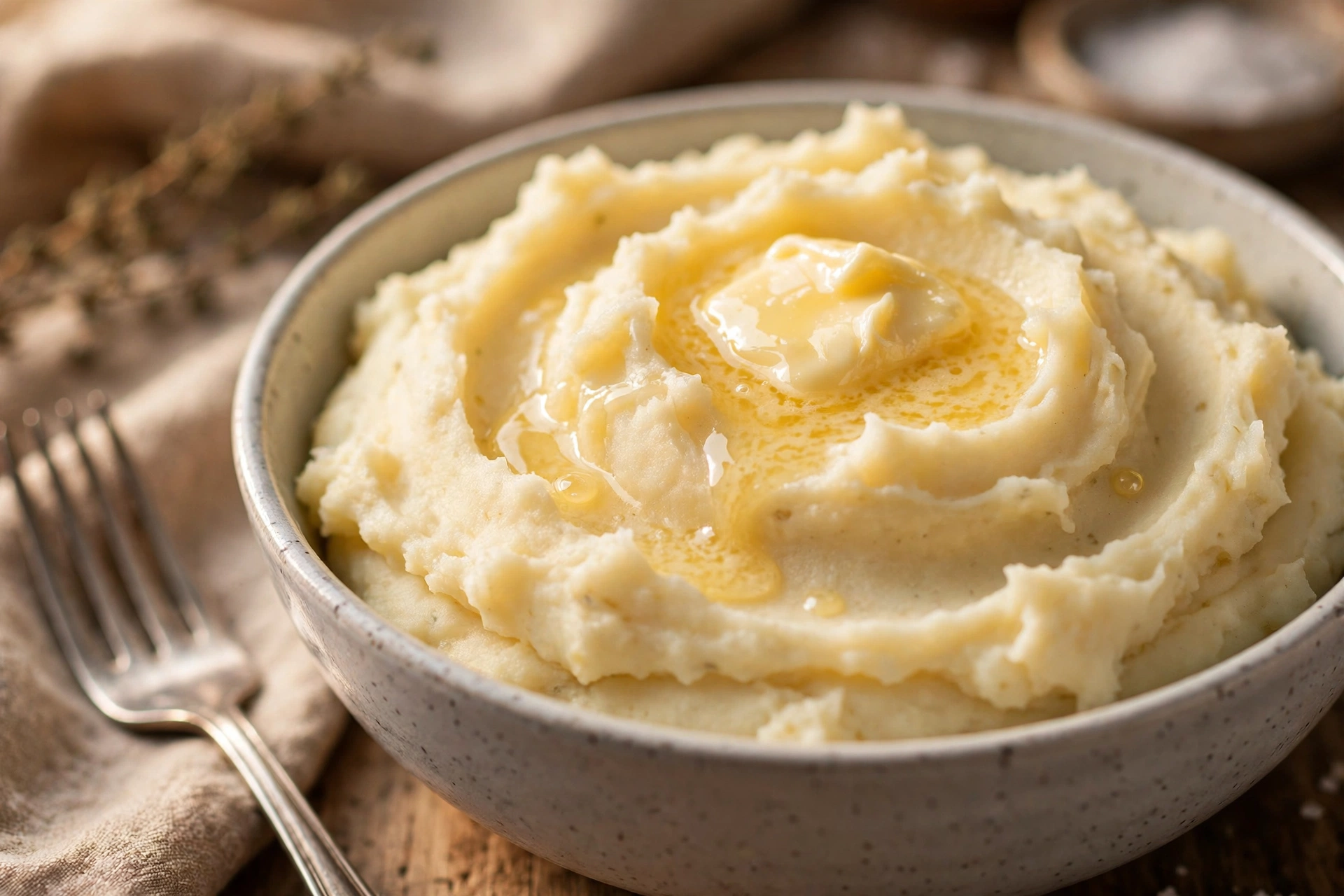 Close-up of fluffy make-ahead mashed potatoes showing creamy texture with melted butter