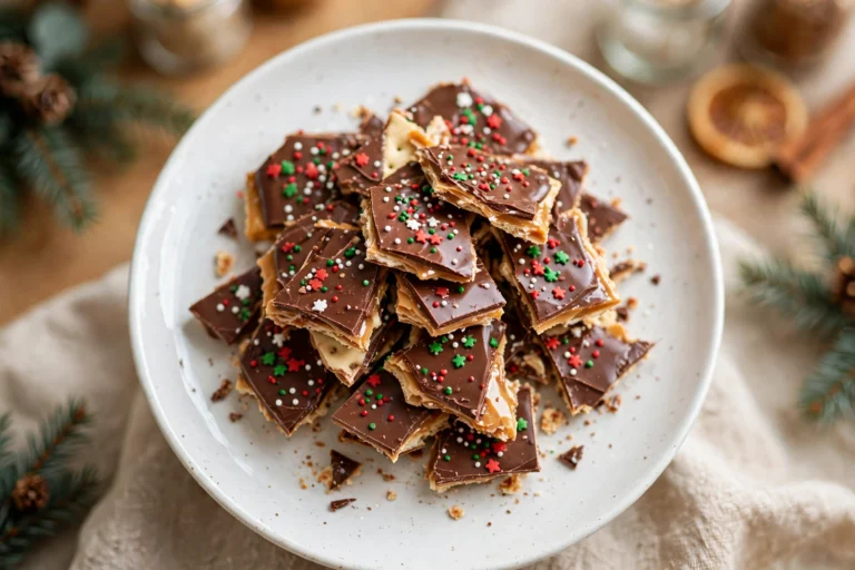 Christmas crack saltine toffee pieces stacked on a white plate with festive red and green sprinkles