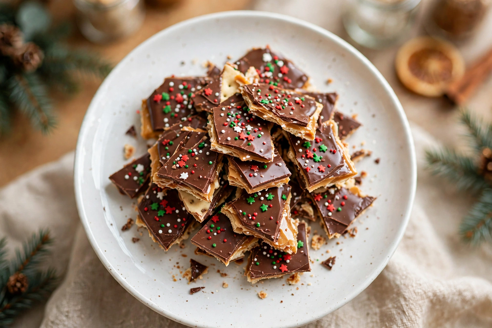 Christmas crack saltine toffee pieces stacked on a white plate with festive red and green sprinkles