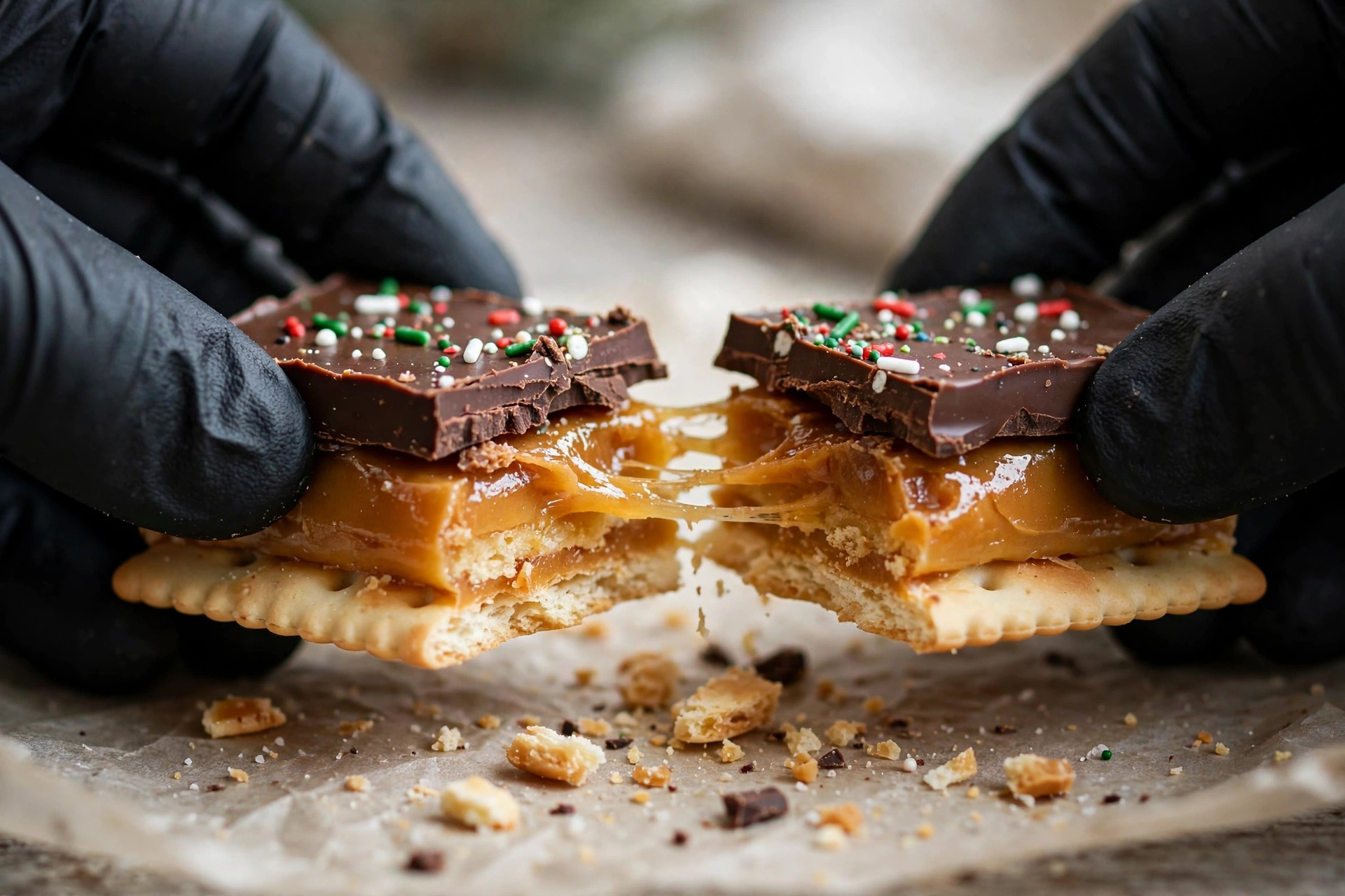 Hands in black gloves breaking a piece of Christmas crack showing saltine, toffee and chocolate layers