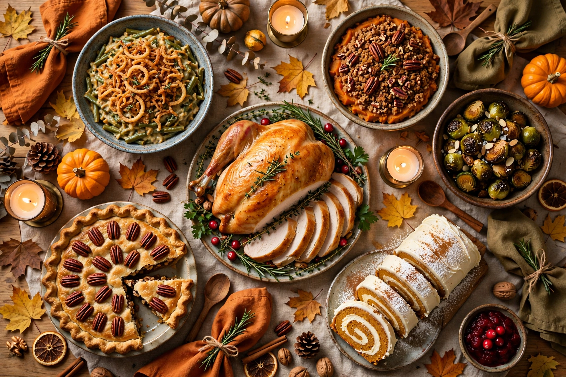 Thanksgiving dinner table with turkey breast, sides, pecan pie and pumpkin roll