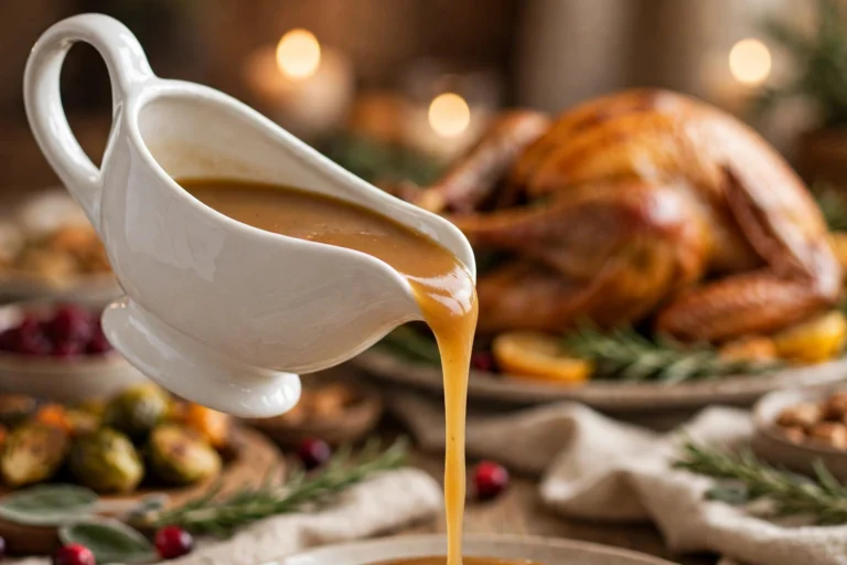 Silky make ahead turkey gravy being poured from a white gravy boat