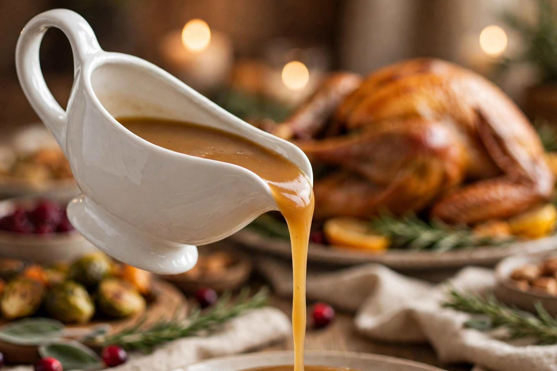 Silky make ahead turkey gravy being poured from a white gravy boat
