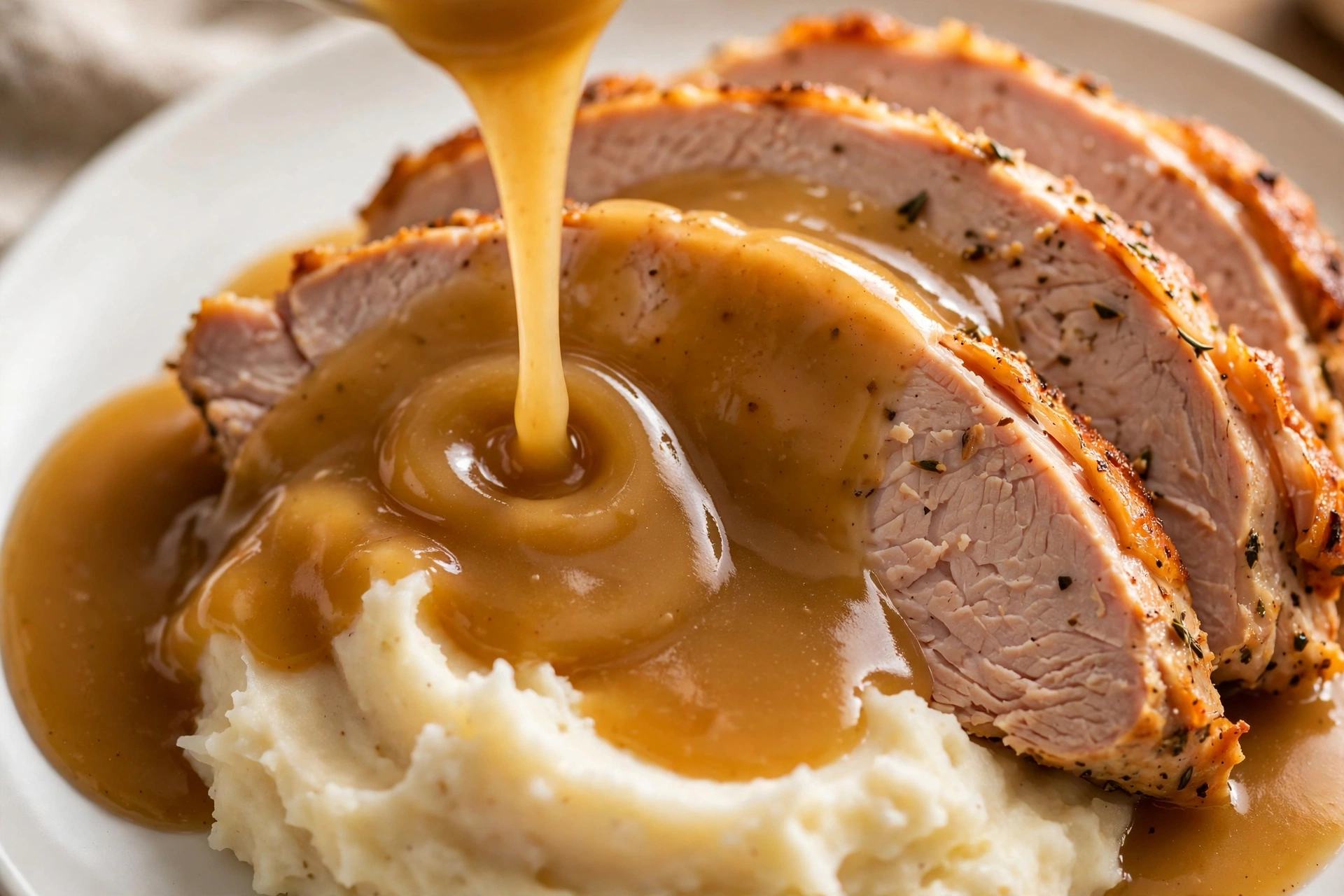 Golden make ahead turkey gravy poured over sliced roast turkey and mashed potatoes