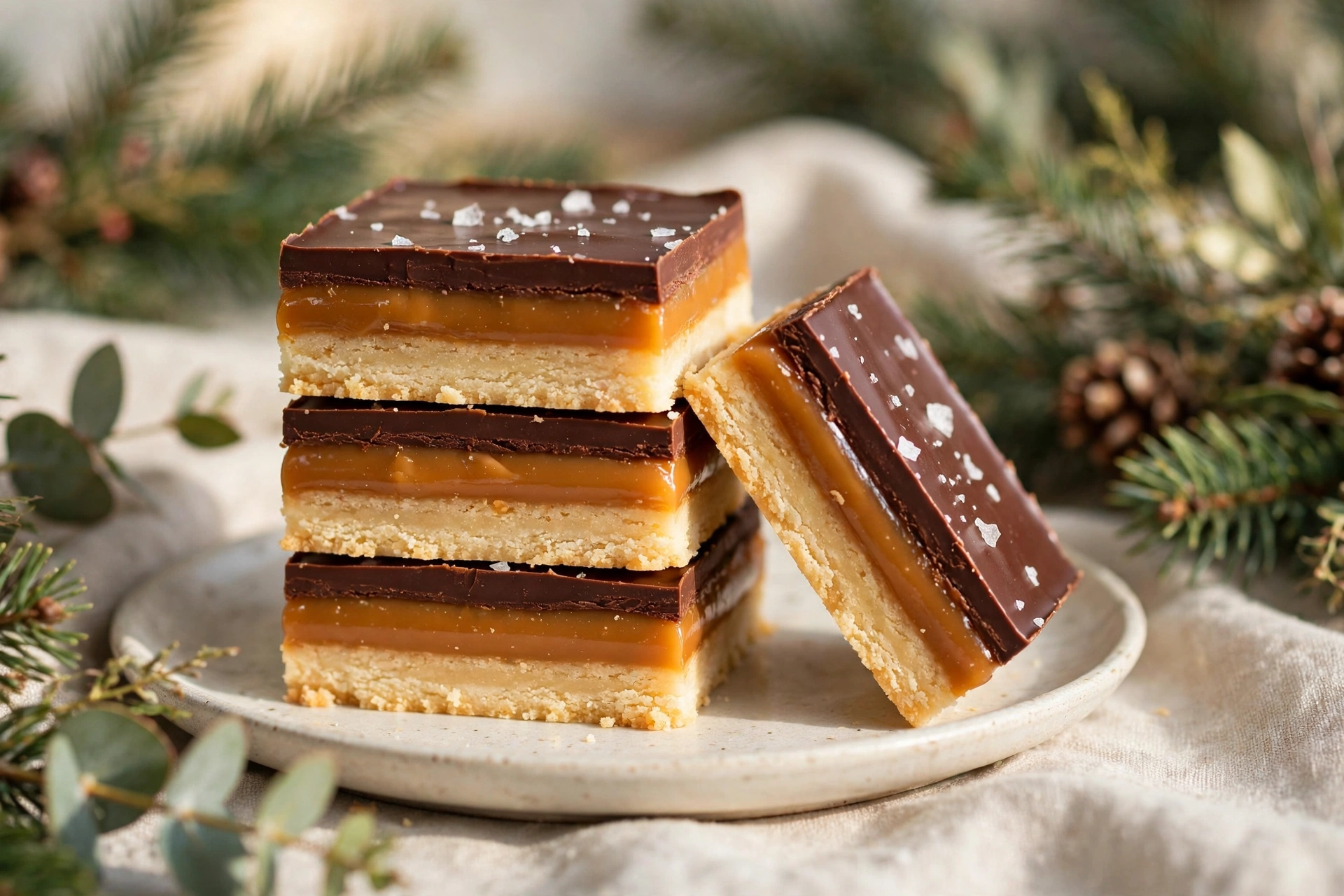 Millionaire shortbread bars stacked to show the shortbread, caramel and chocolate layers with flaky sea salt
