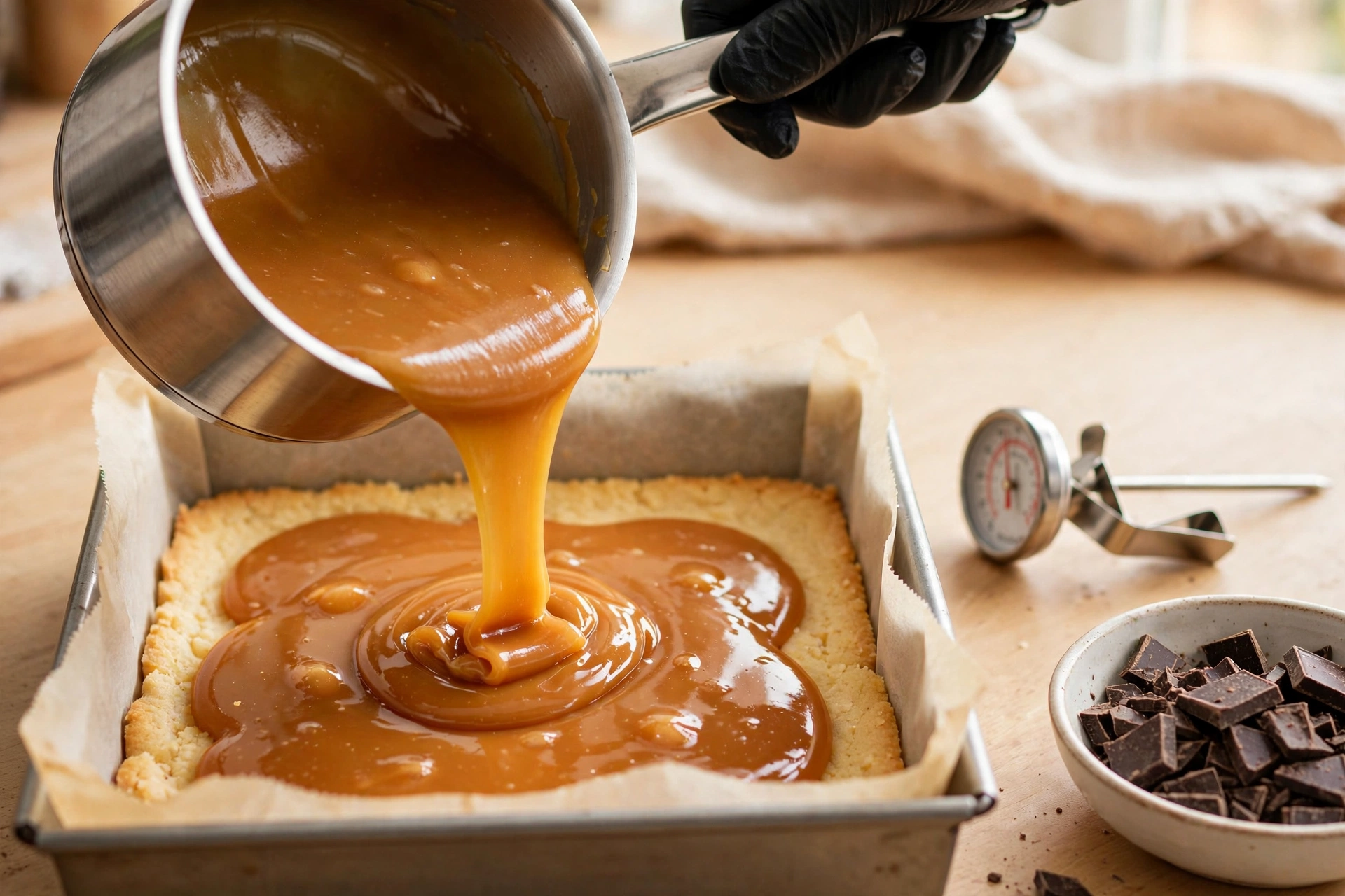 Thick caramel being poured over the shortbread base for millionaire shortbread, with a candy thermometer and chopped chocolate beside the pan
