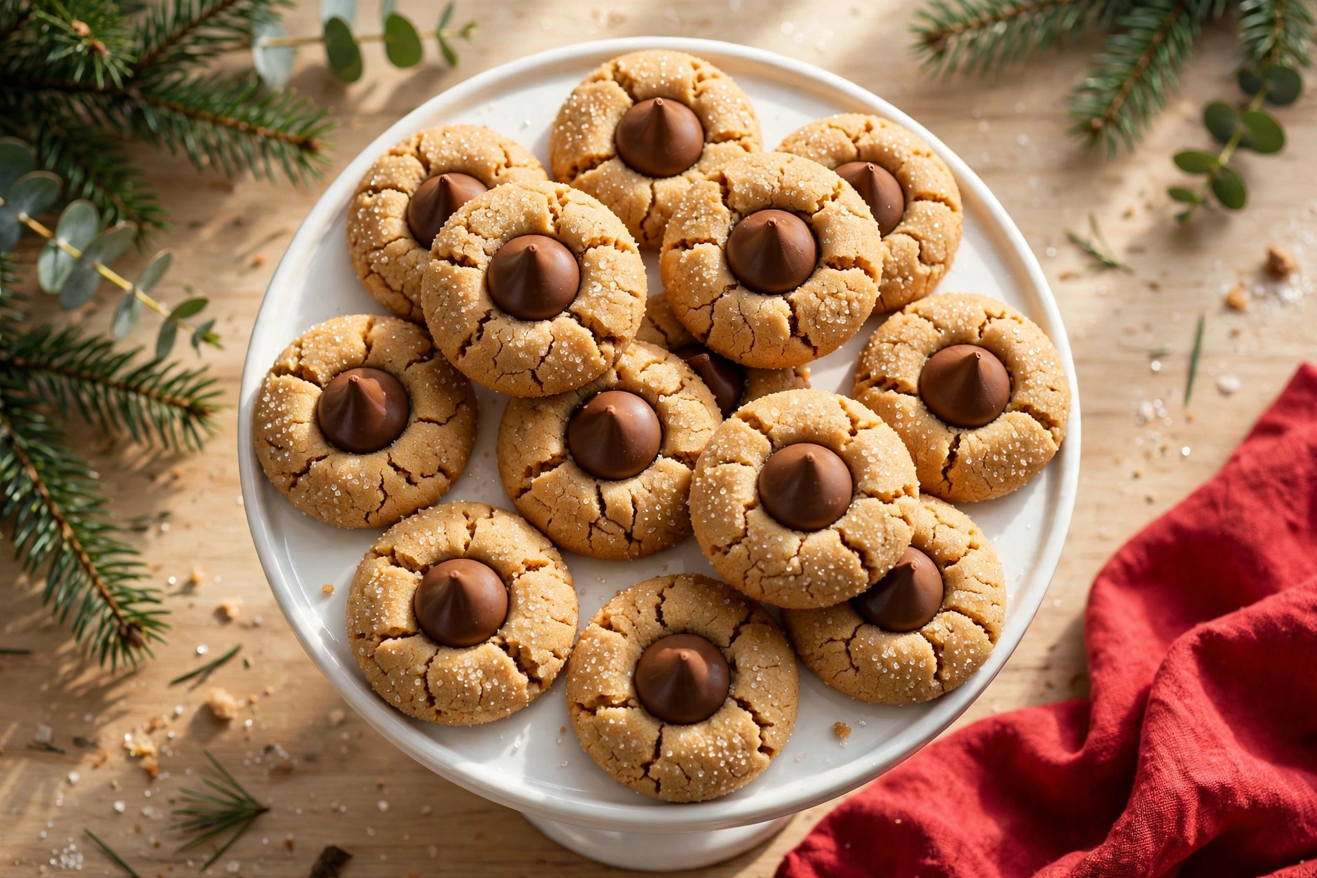 Peanut butter blossoms on a white cake stand, crackled peanut butter cookies with chocolate kisses and sparkling sugar