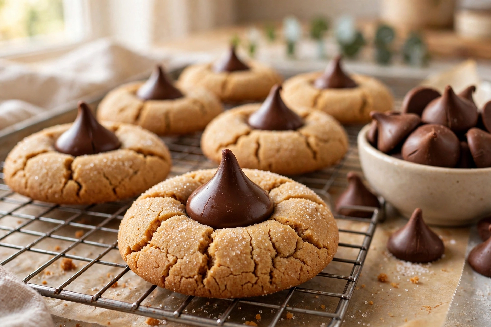 Peanut butter blossoms cooling on a wire rack, one cookie in front with fine cracks around its chocolate kiss