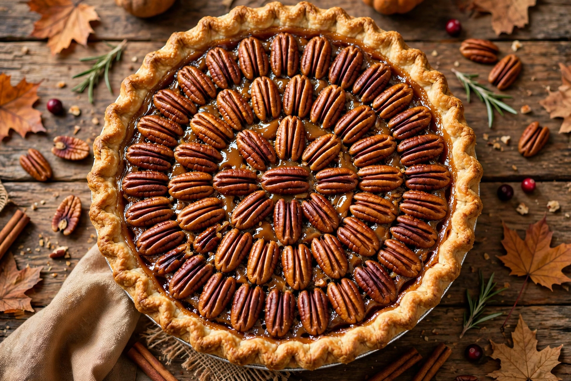 Classic pecan pie with glossy caramel filling and toasted pecan halves arranged in concentric circles