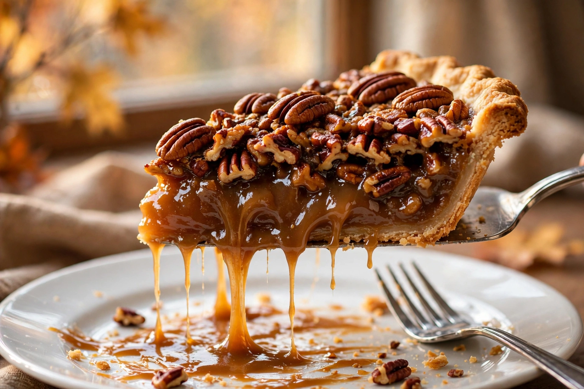Slice of classic pecan pie being lifted showing gooey caramel filling dripping