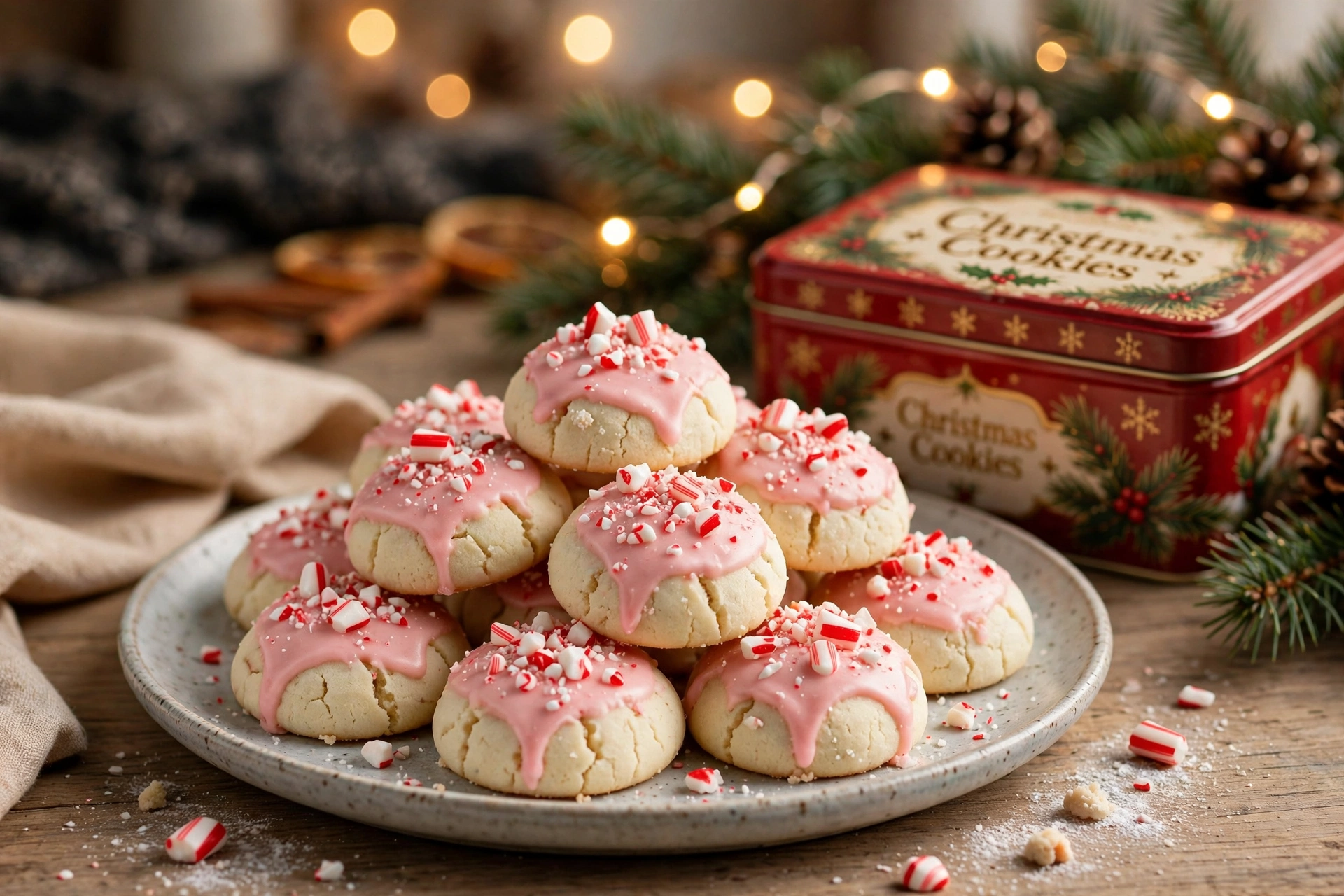 Peppermint meltaway cookies with pink glaze and crushed candy cane piled on a plate beside a Christmas cookie tin
