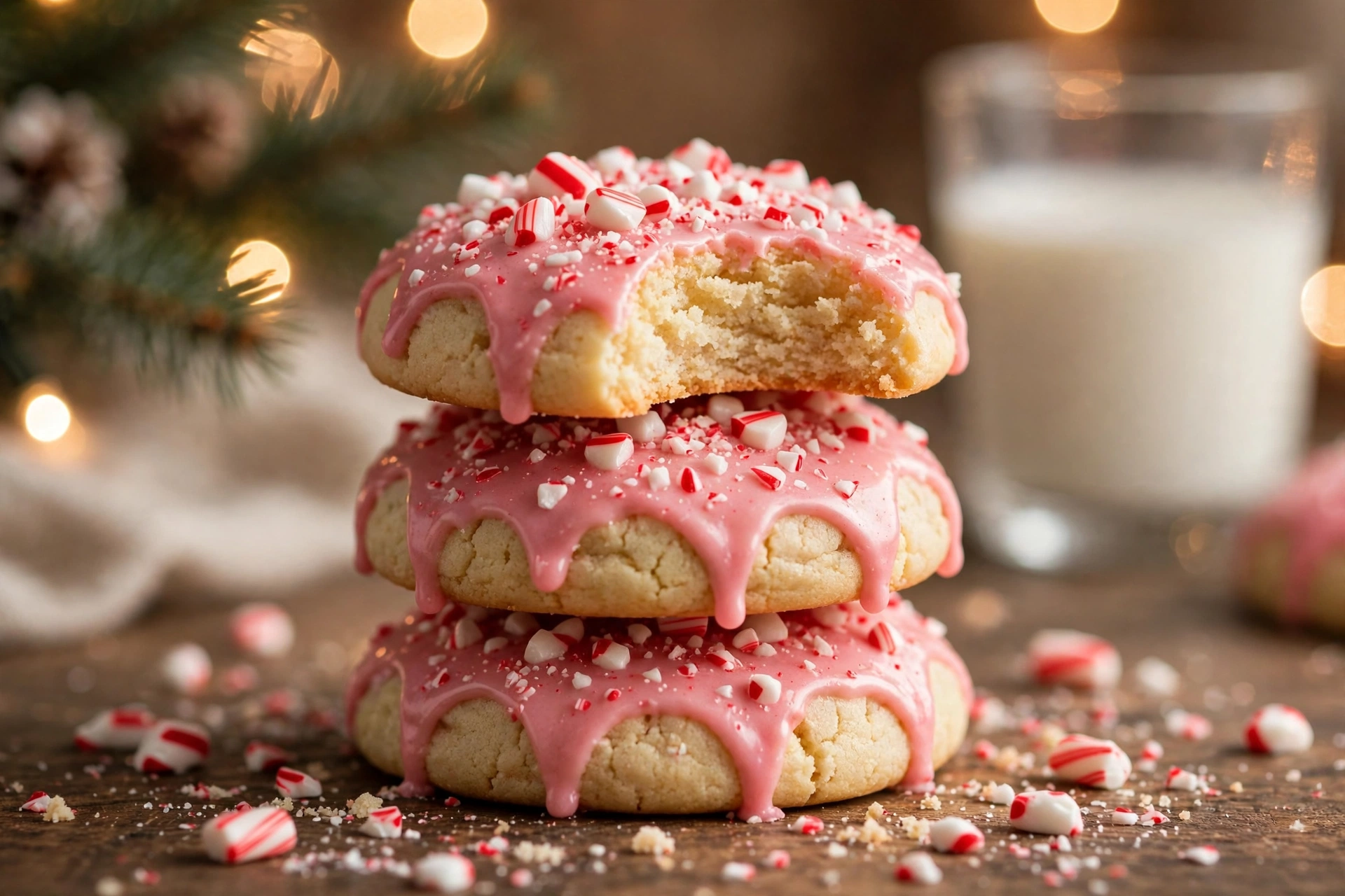 A stack of peppermint meltaway cookies with pink glaze, the top cookie bitten to show the tender pale crumb