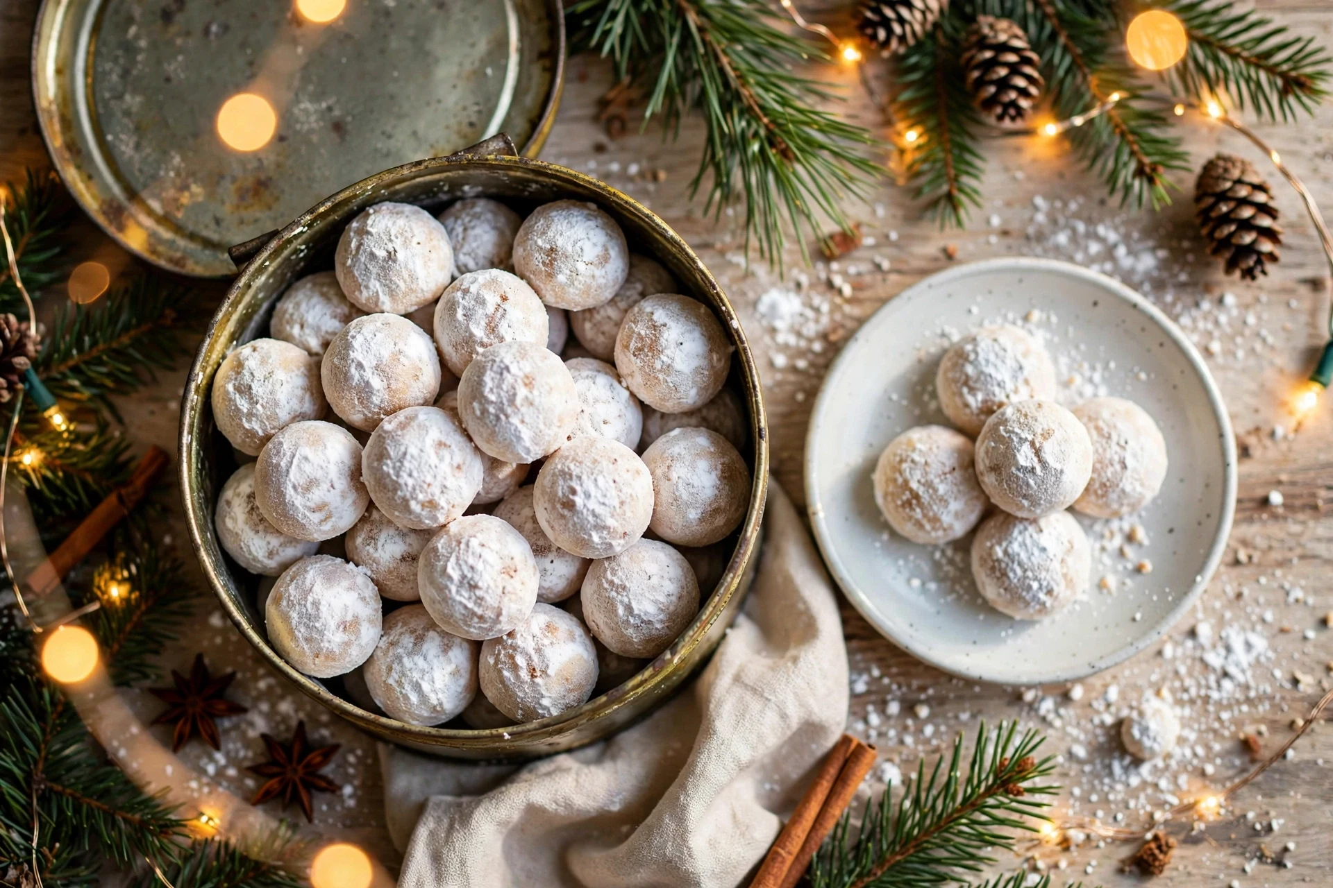 Pfeffernusse cookies coated in powdered sugar piled in an open tin with a small plate of cookies beside it