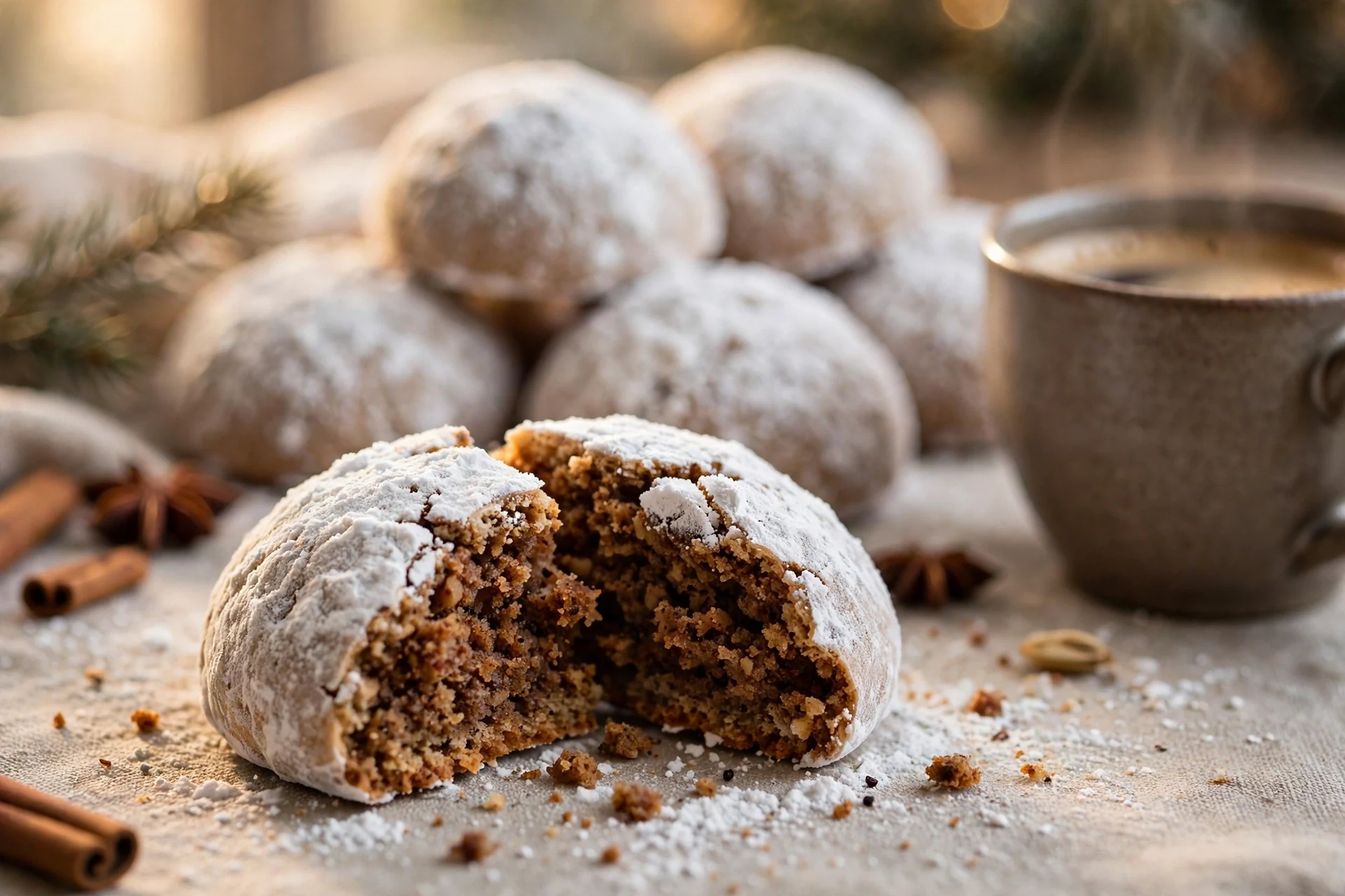 A pfeffernusse cookie broken open showing its dark spiced crumb, with more snowy cookies and a cup of coffee