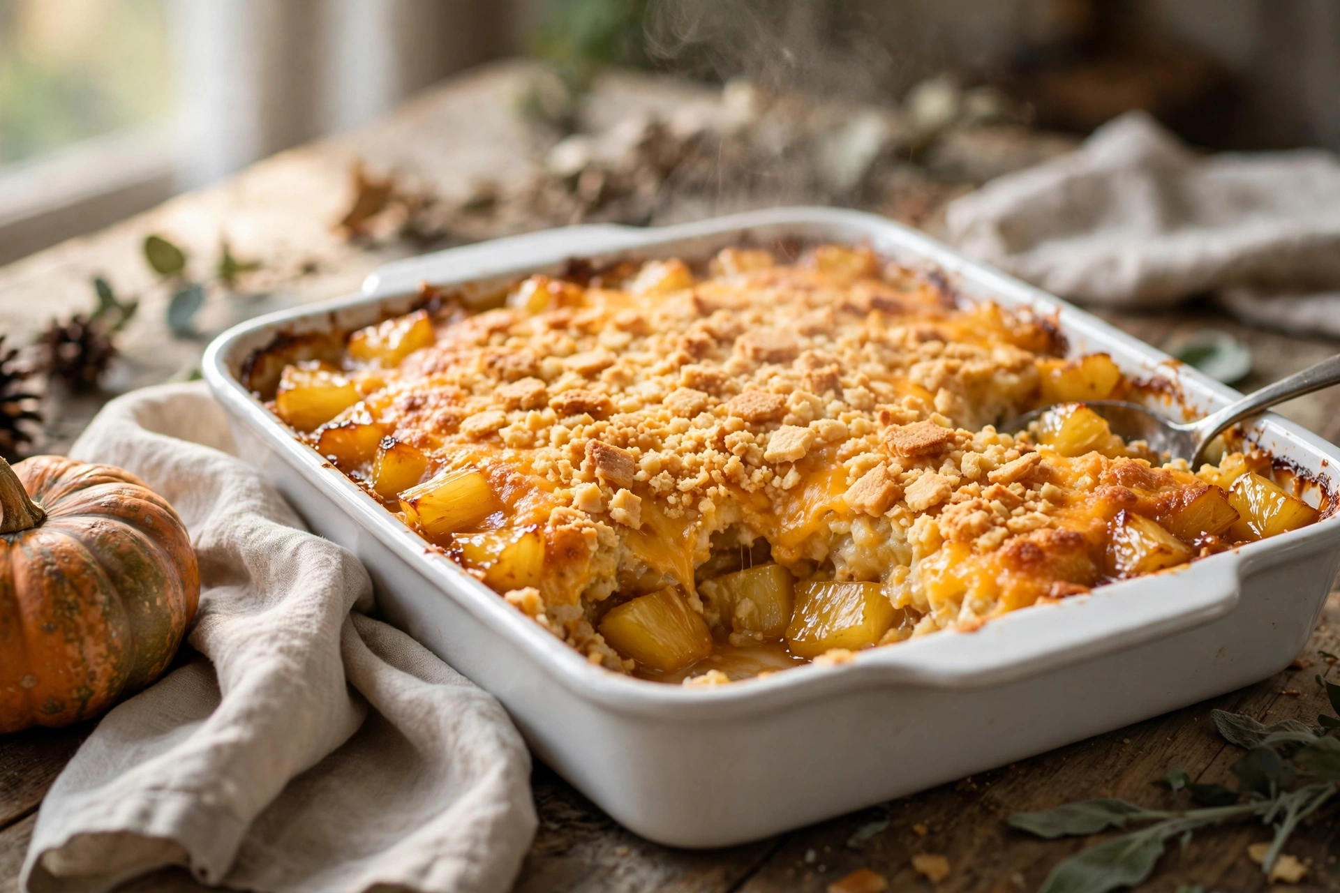 Pineapple casserole in a white baking dish with a golden cracker crust, melted cheddar and a spoon lifting the first serving