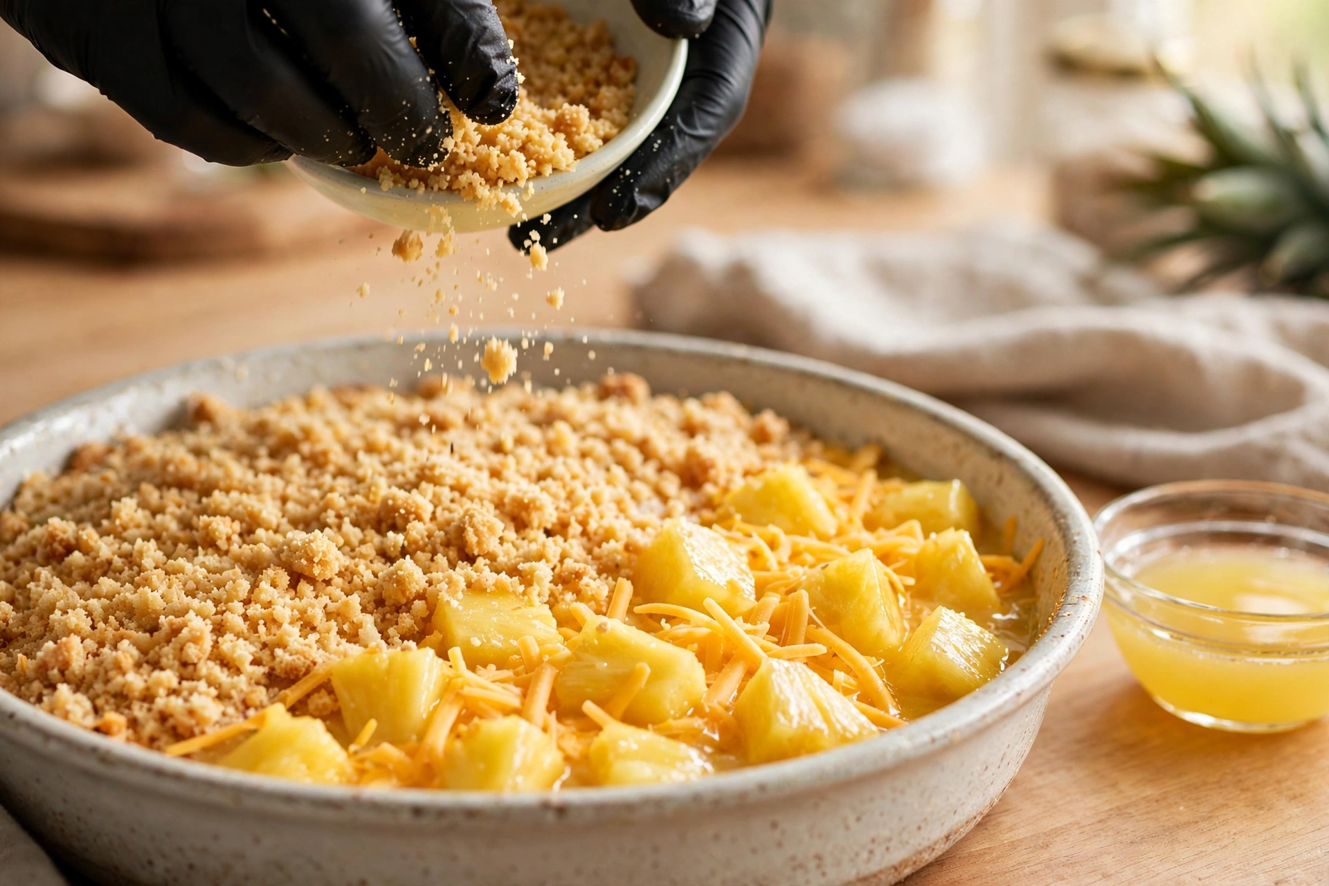 Buttered cracker crumbs being sprinkled over pineapple casserole filling with shredded cheddar and reserved pineapple juice beside the dish