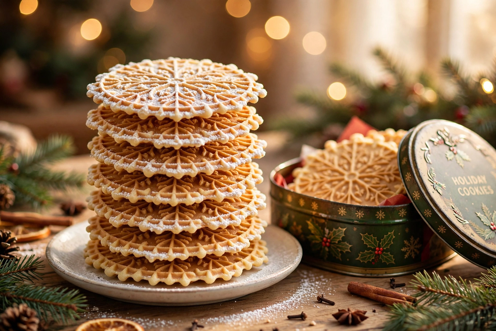 Classic pizzelle cookies with snowflake patterns dusted with powdered sugar beside a holiday cookie tin
