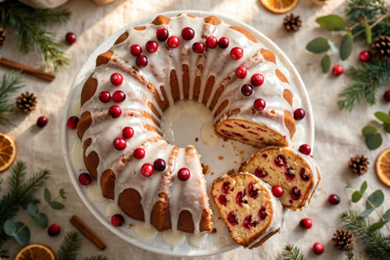 Cranberry orange pound cake bundt with thick white orange glaze and fresh cranberries, slices showing berries in every bite