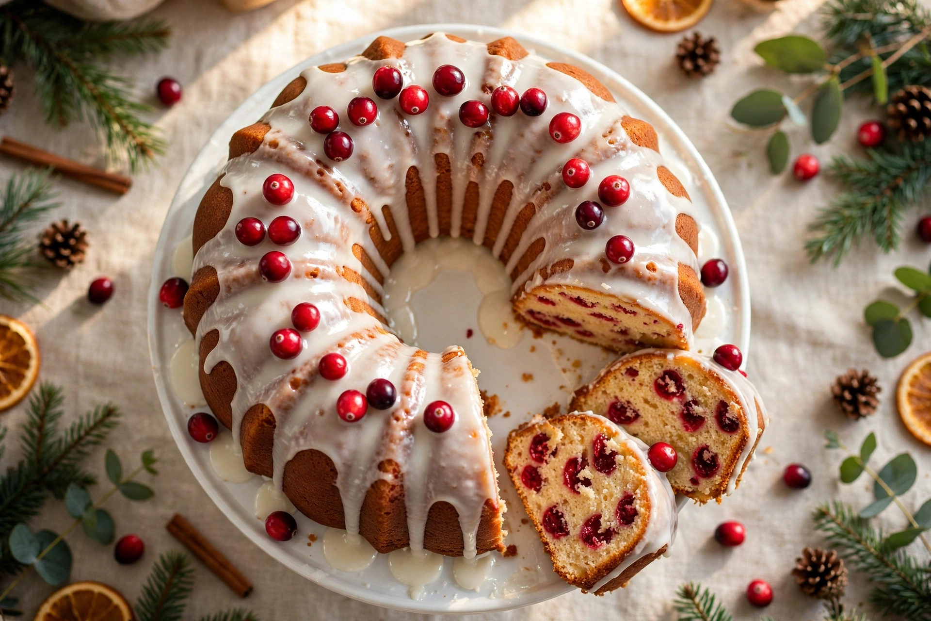 Cranberry orange pound cake bundt with thick white orange glaze and fresh cranberries, slices showing berries in every bite