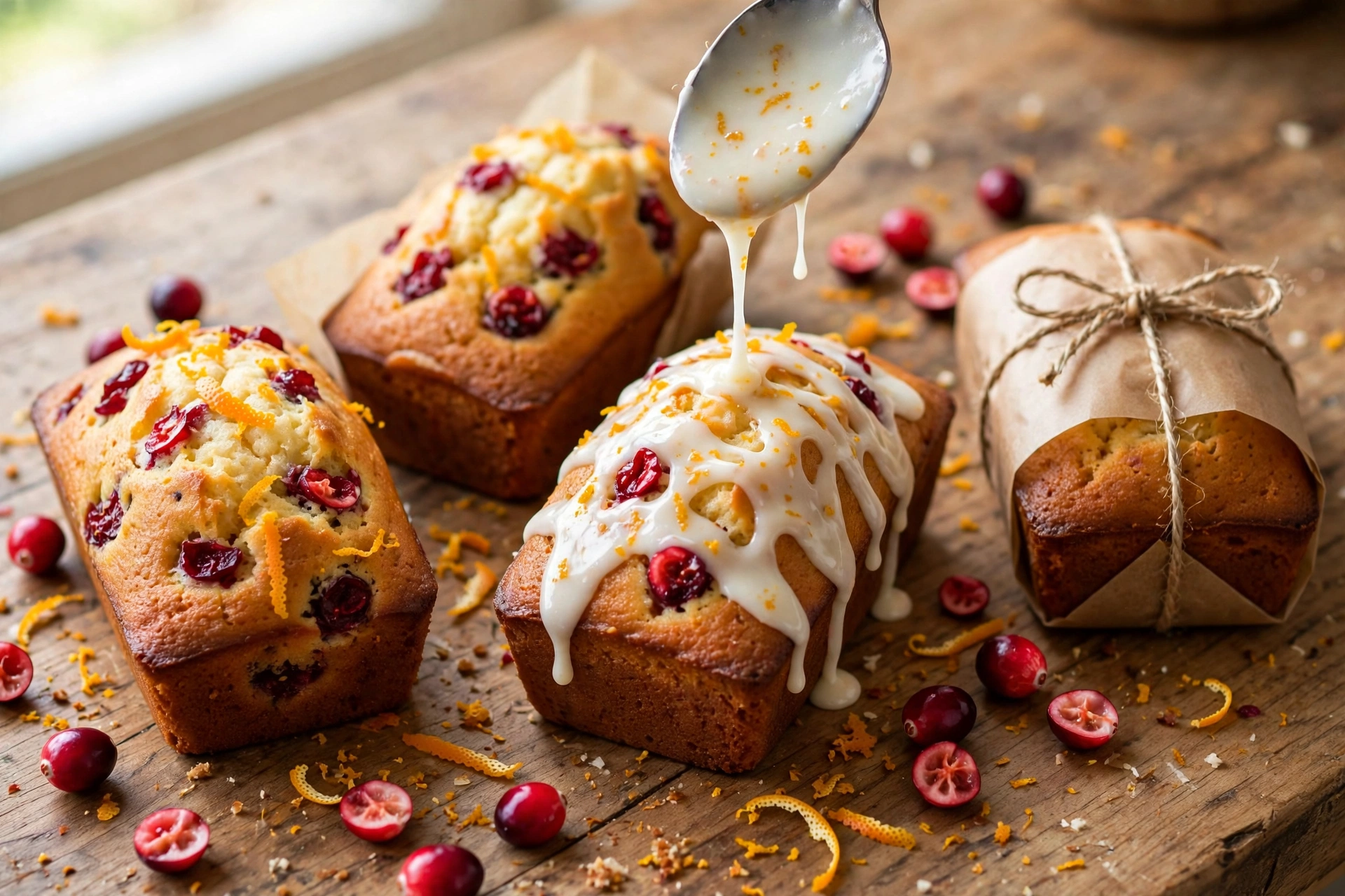 Four mini cranberry orange pound cake loaves being drizzled with orange glaze, one wrapped in parchment and twine