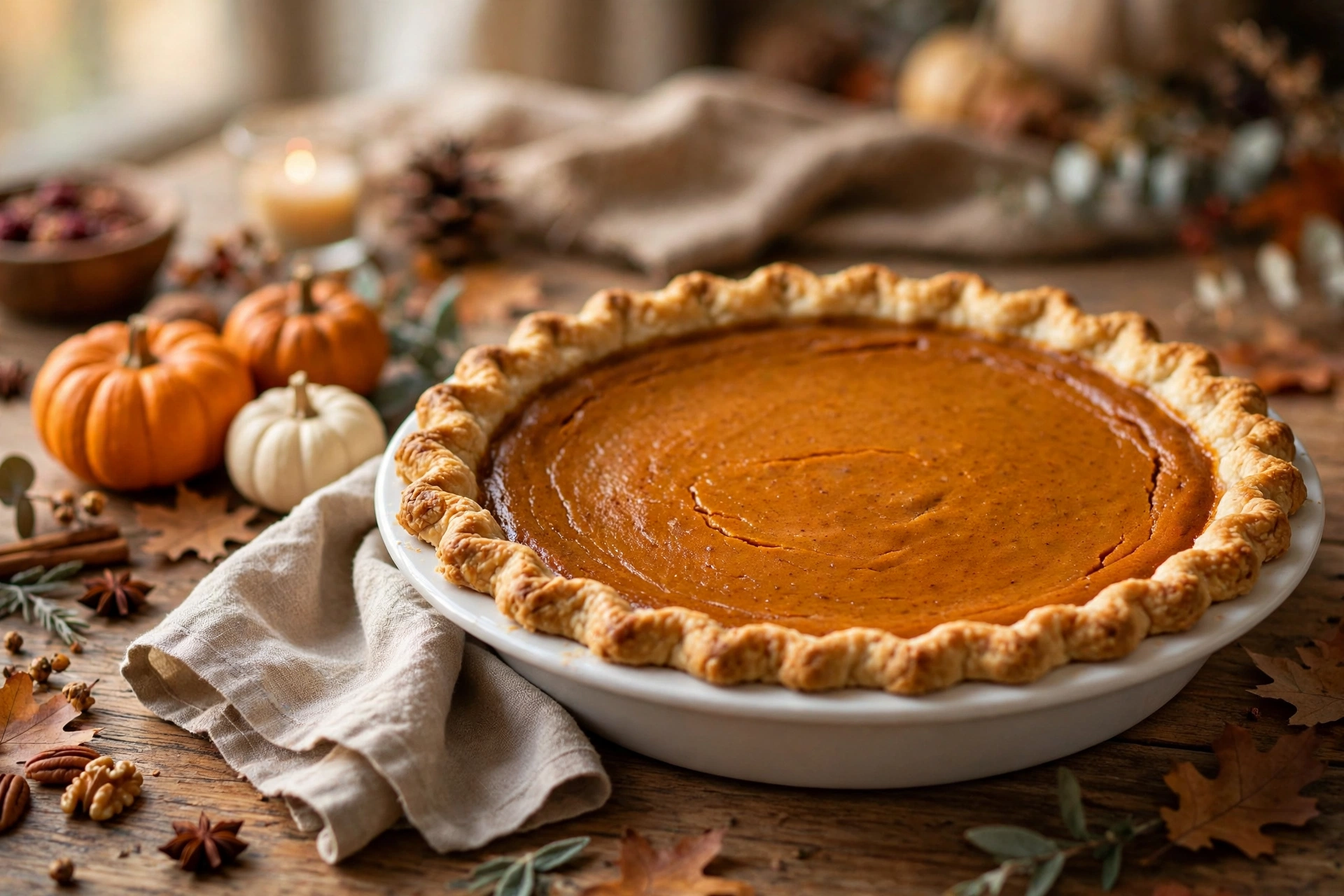 Whole classic pumpkin pie with a flaky golden crimped butter crust and smooth spiced orange filling on a Thanksgiving table with mini pumpkins