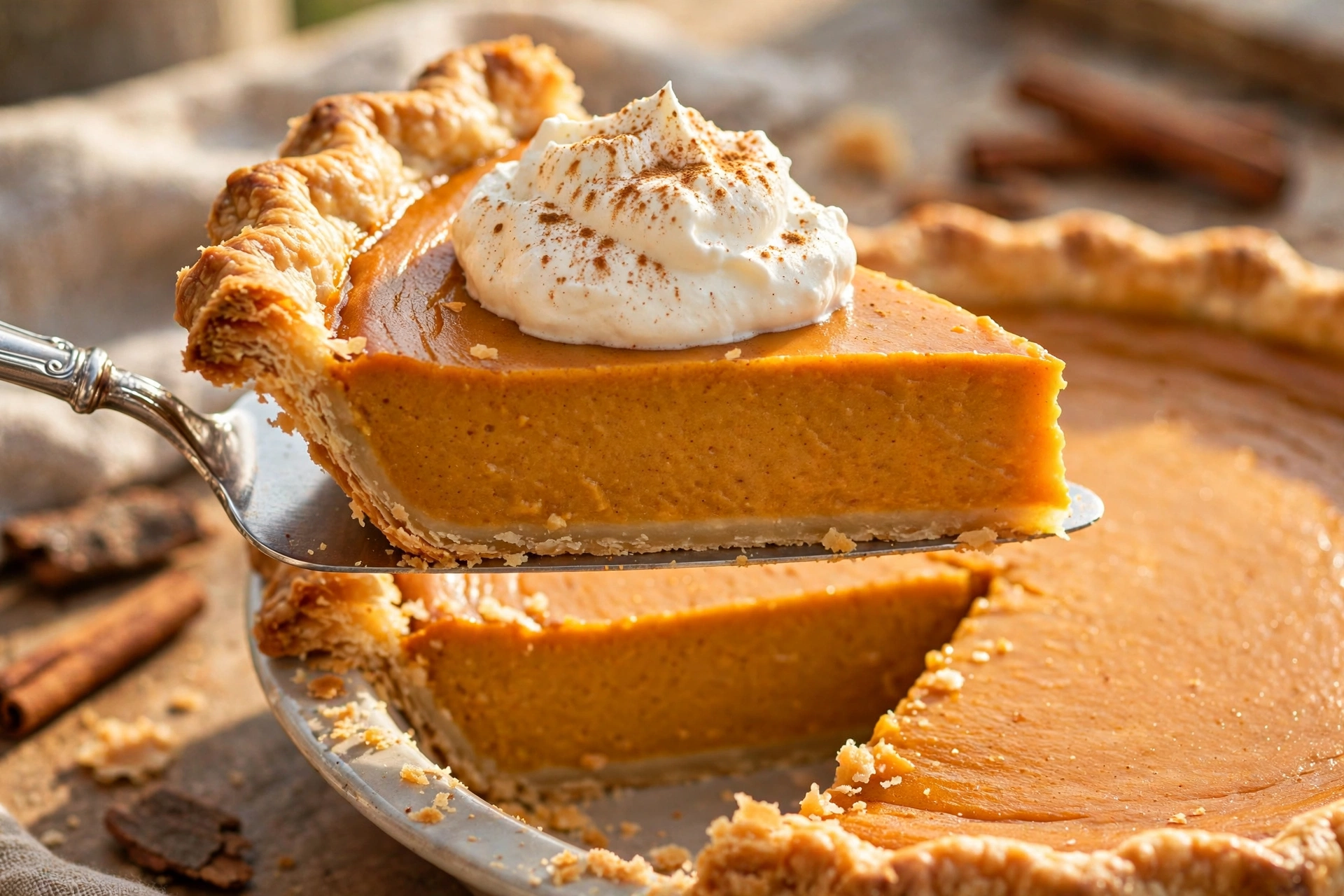 Slice of pumpkin pie lifted on a server showing silky smooth custard and flaky crust, topped with cinnamon whipped cream