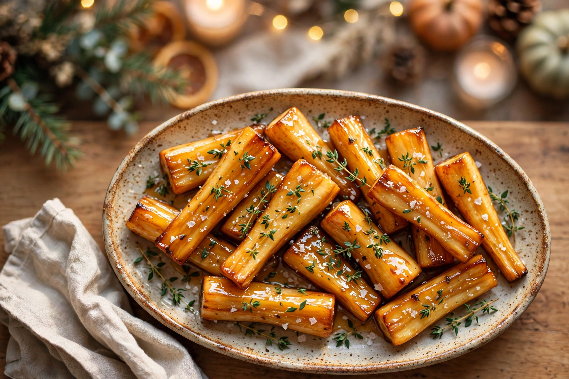 Roasted parsnips glistening with honey glaze and fresh thyme on a rustic platter for Thanksgiving