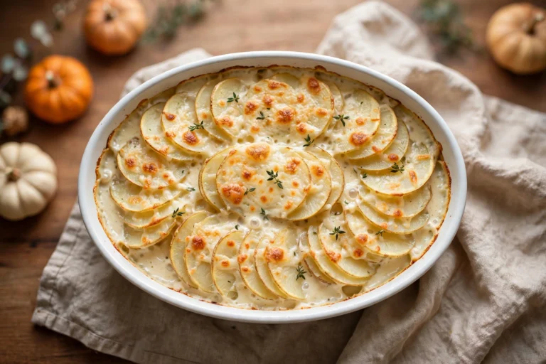 Scalloped potatoes in a white oval baking dish with golden bubbling cream sauce, overlapping potato slices and fresh thyme, mini pumpkins on a Thanksgiving table
