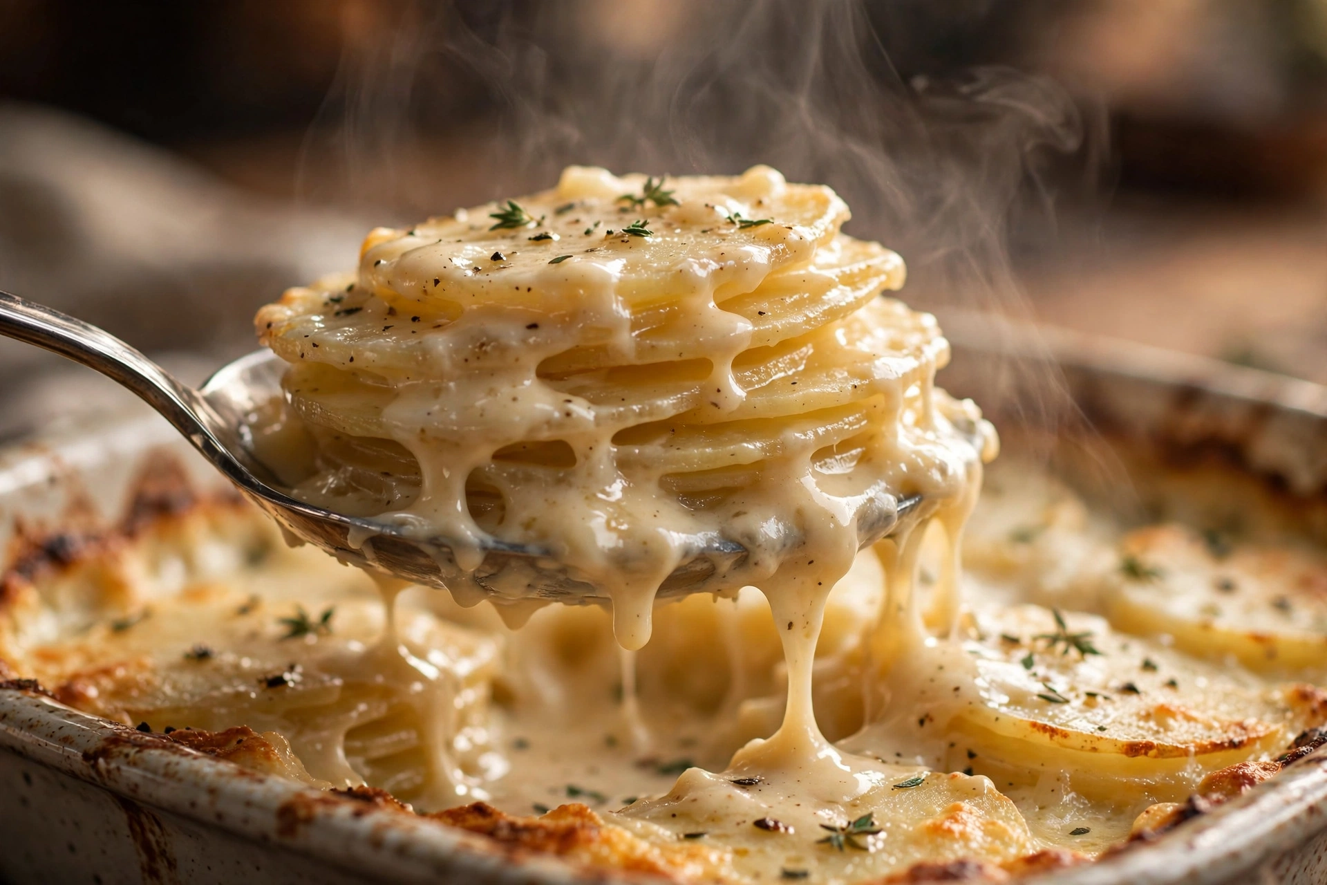 Spoon lifting a stack of creamy scalloped potato slices showing tender layers coated in glossy cream sauce with steam rising