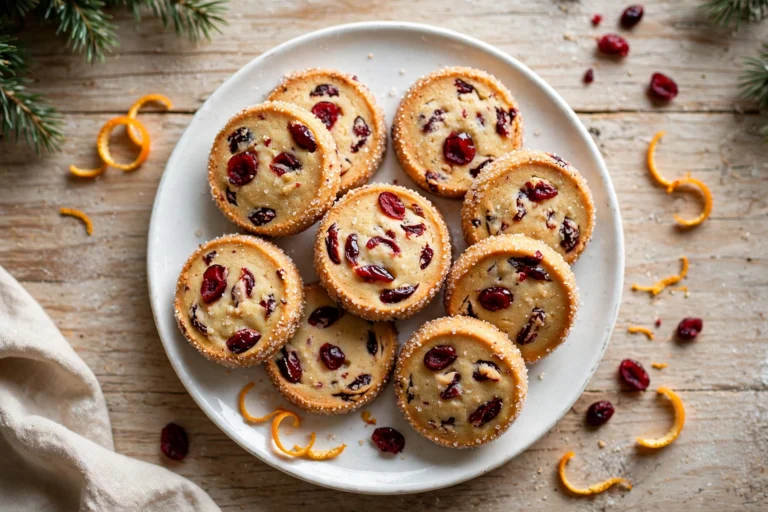 Cranberry orange shortbread cookies arranged on a white plate with orange zest curls and dried cranberries
