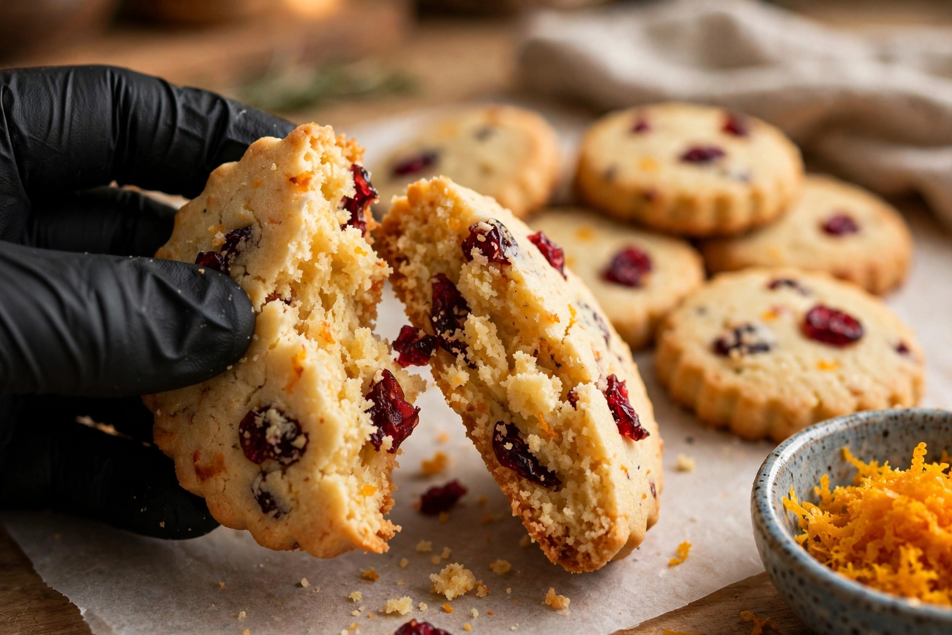 Hand in a black glove breaking a cranberry orange shortbread cookie showing the crumbly buttery interior