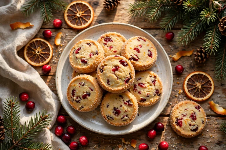 Plate of cranberry orange shortbread cookie rounds with sparkling sugar edges and ruby cranberry pieces on a rustic Christmas table with dried orange slices and pine sprigs