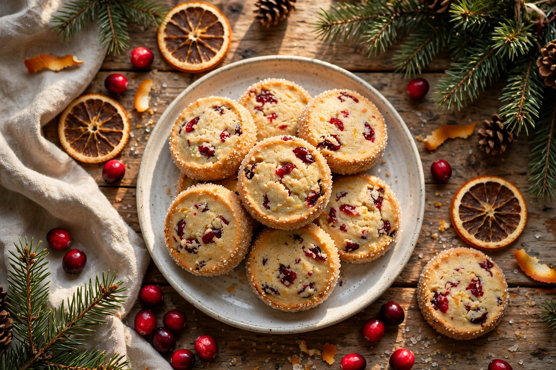 Plate of cranberry orange shortbread cookie rounds with sparkling sugar edges and ruby cranberry pieces on a rustic Christmas table with dried orange slices and pine sprigs