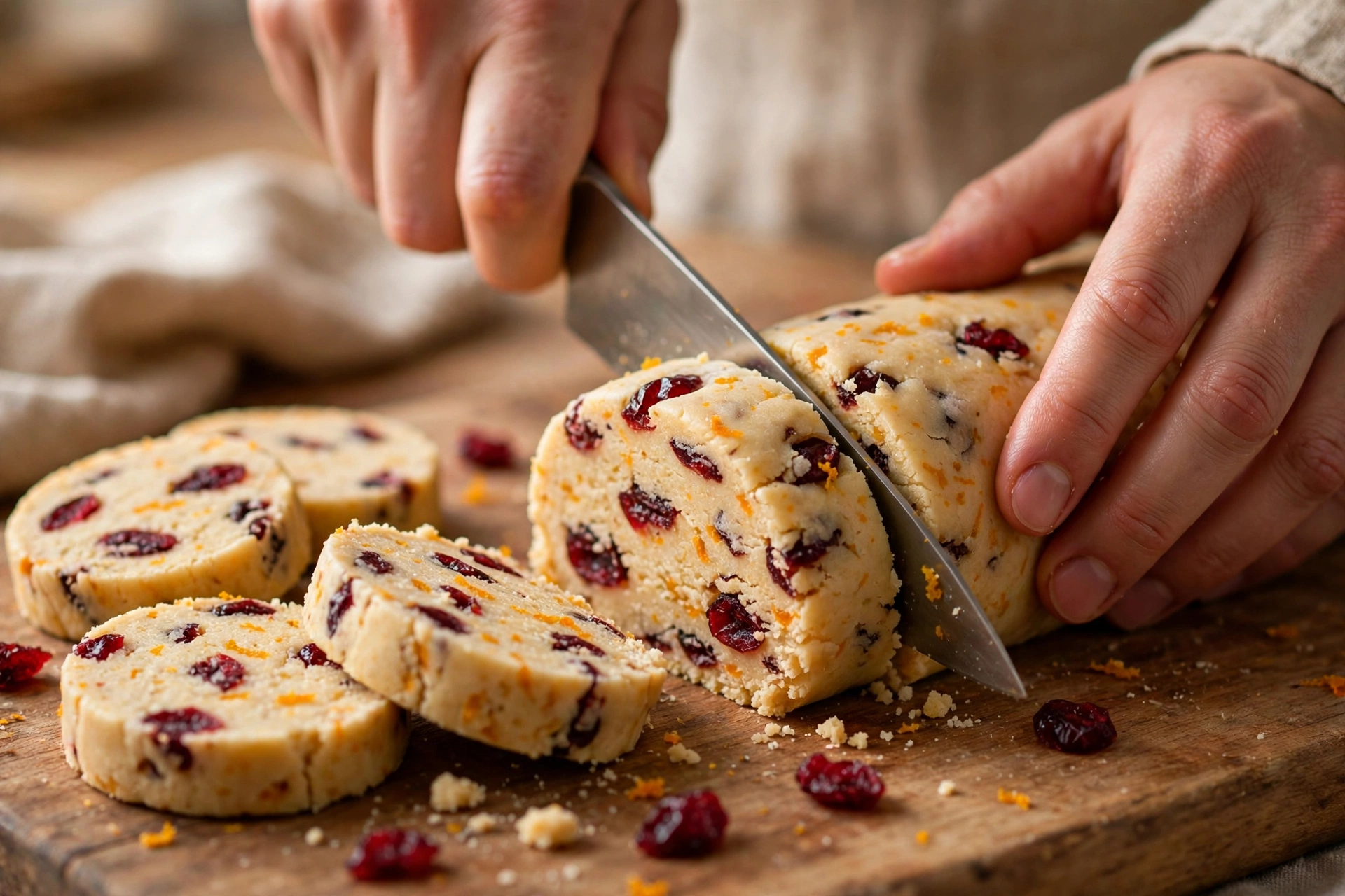 Hands slicing a chilled cranberry orange shortbread dough log into clean even rounds on a wooden board, sliced cookies beside it