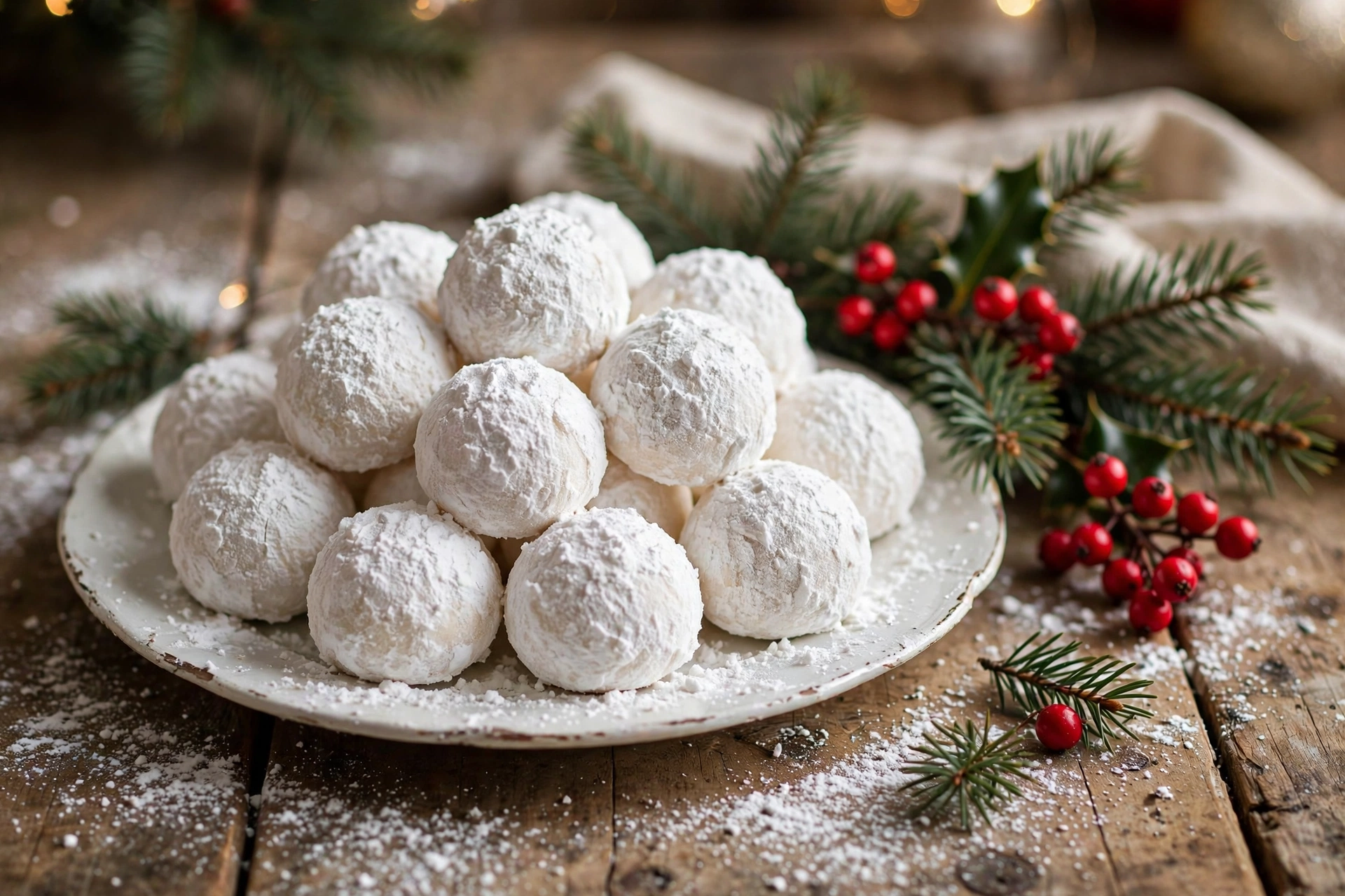 Snowball cookies thickly coated in powdered sugar piled on a white vintage plate with pine sprigs and red berries on a wooden Christmas table