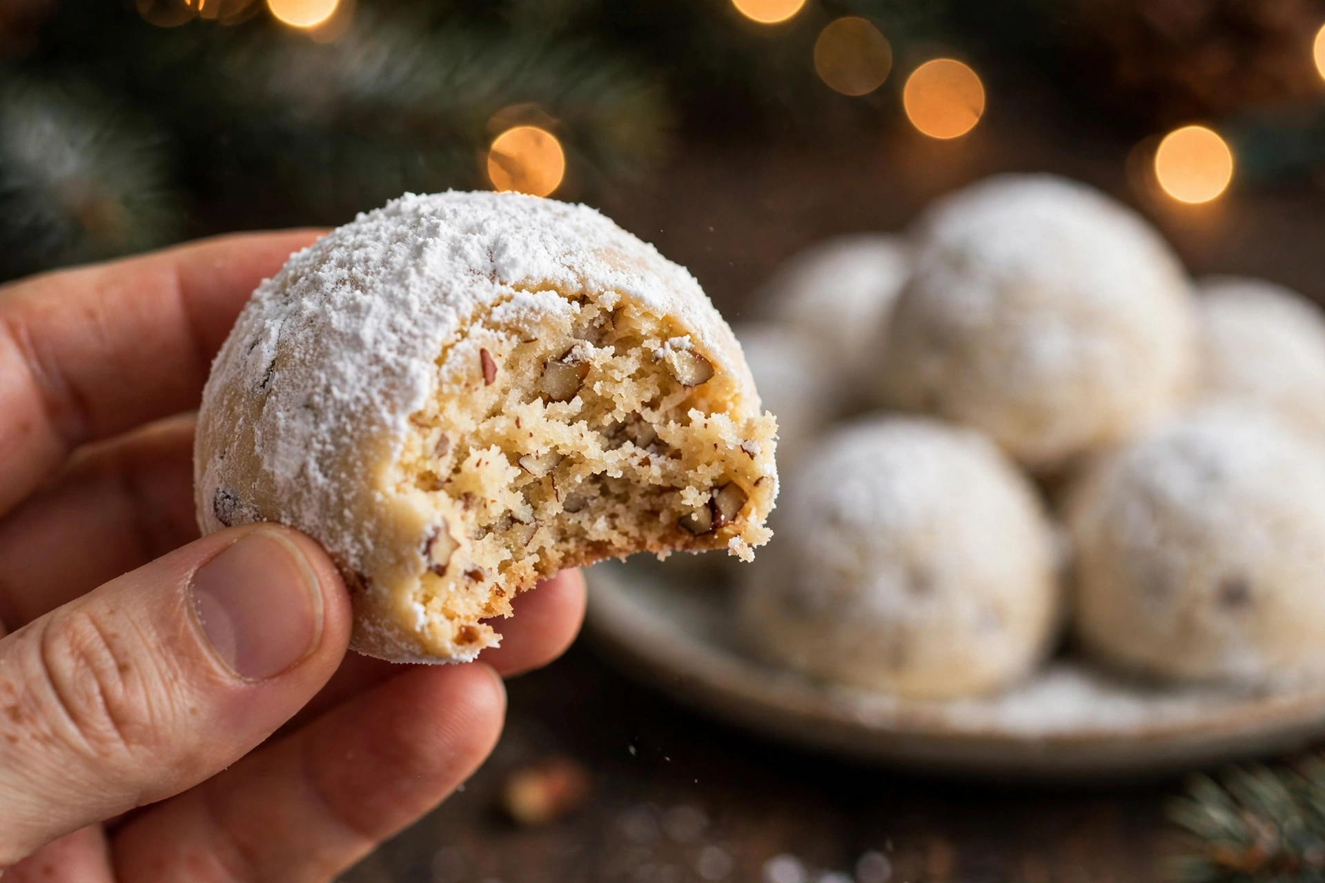 Hand holding a snowball cookie with a bite taken out, showing the tender buttery crumb with finely ground pecans, Christmas lights behind