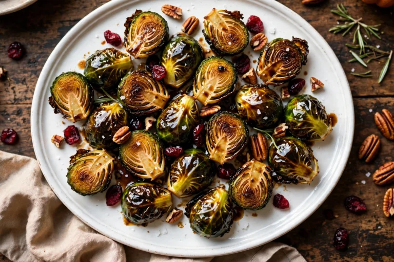 Maple balsamic roasted brussels sprouts on a white platter with dried cranberries and toasted pecans
